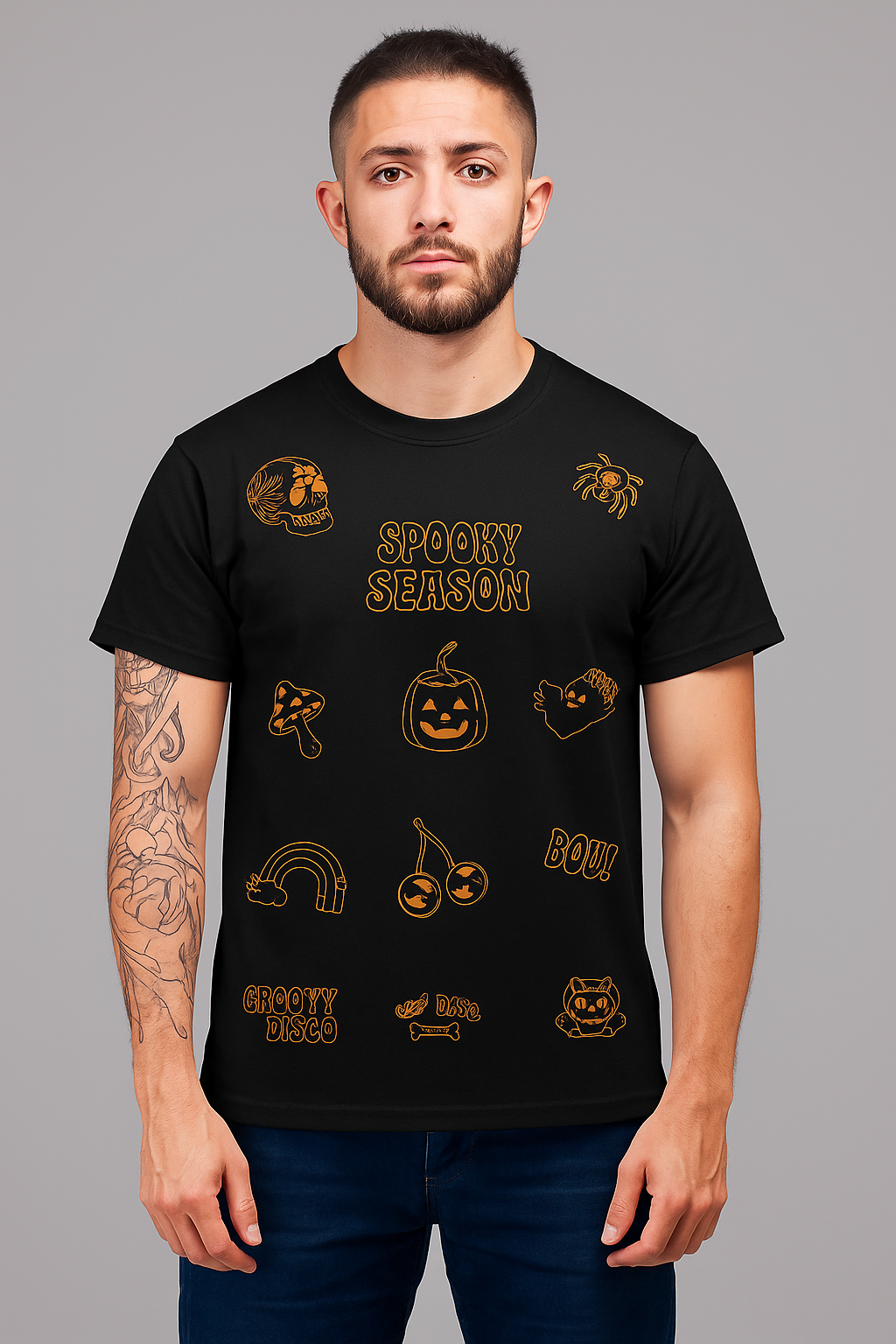 Black Half Sleeves Round Neck Spooky Season Printed Regular T-Shirt