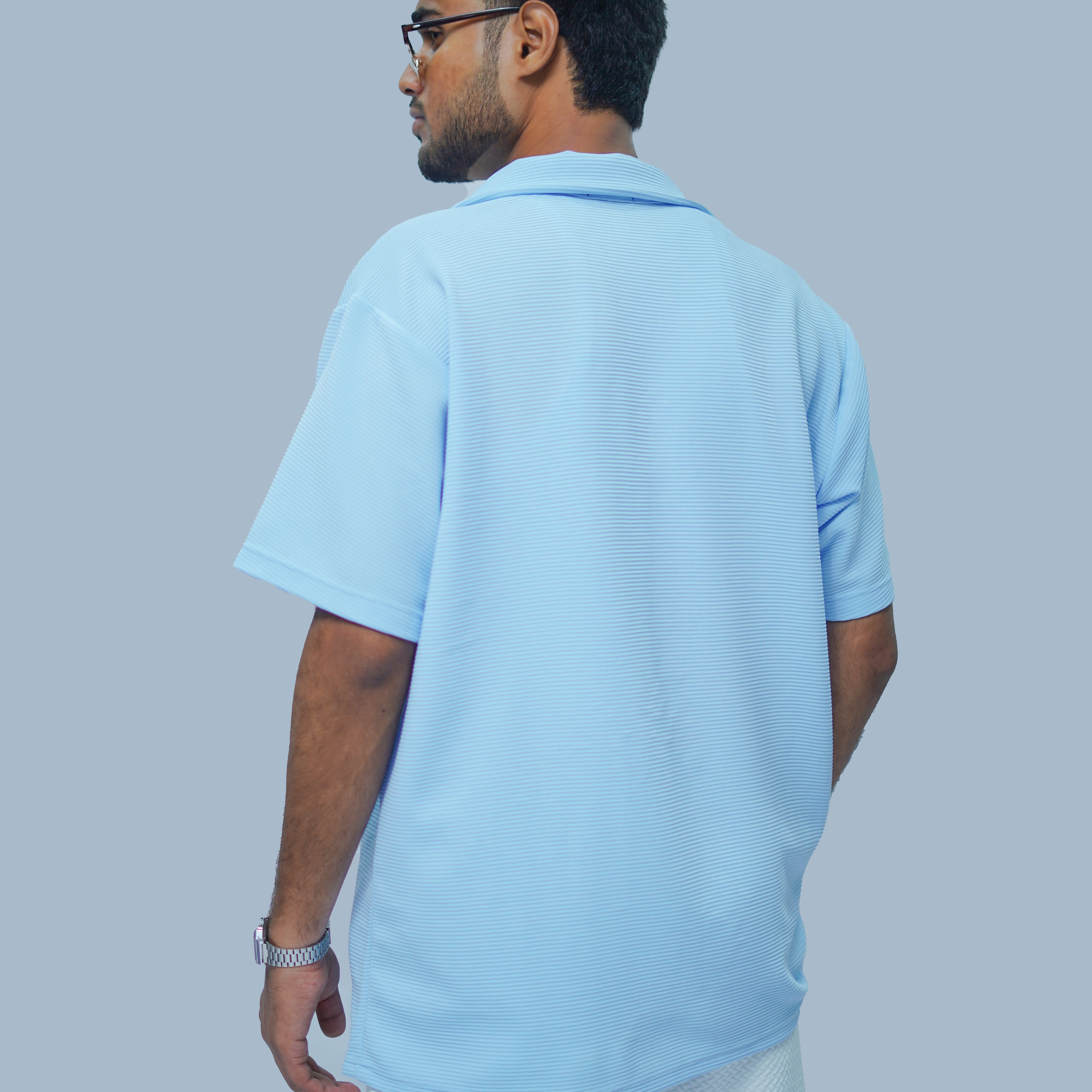 Icy Blue Horizontal Stripe Textured Bowling Shirt