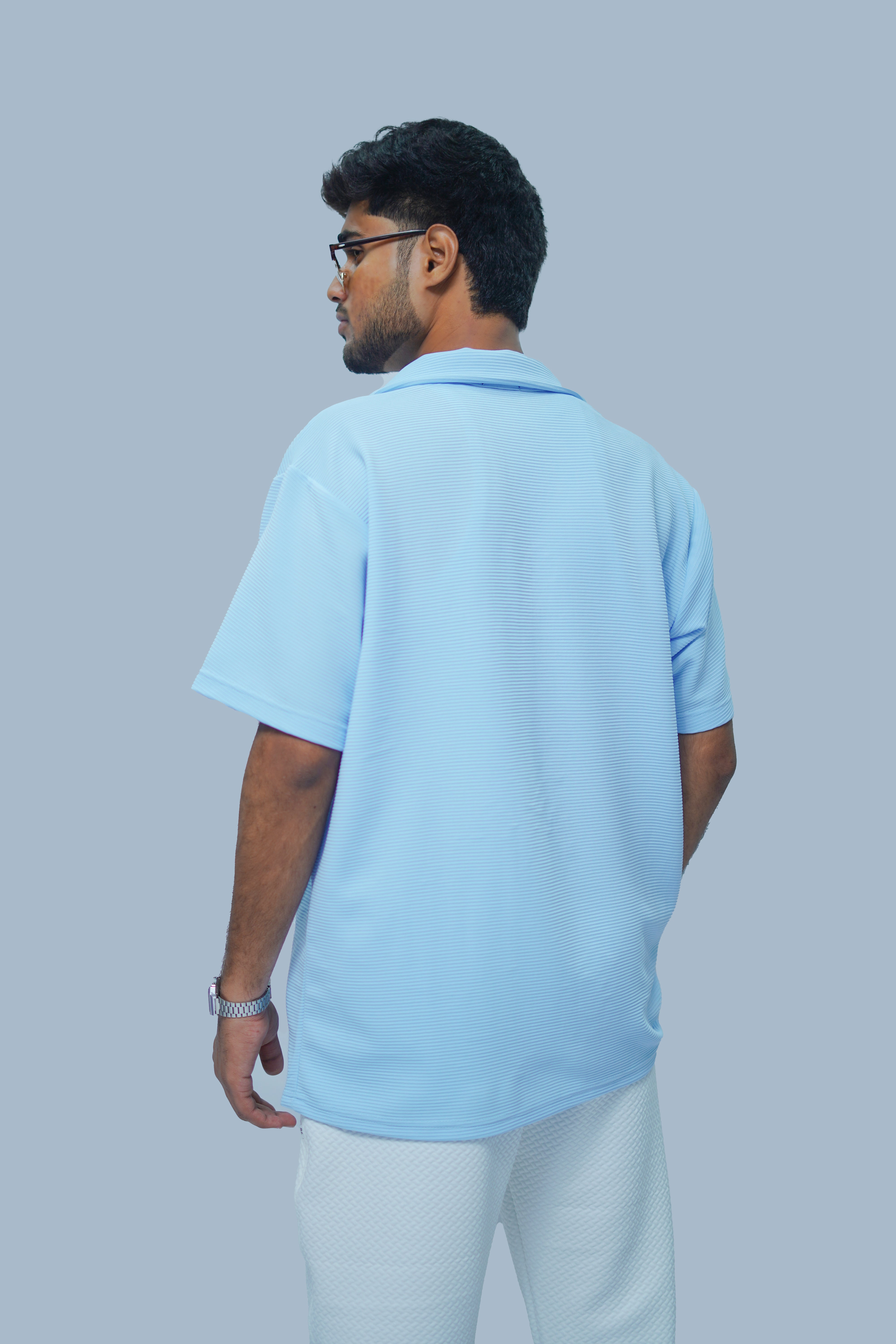 Icy Blue Horizontal Stripe Textured Bowling Shirt