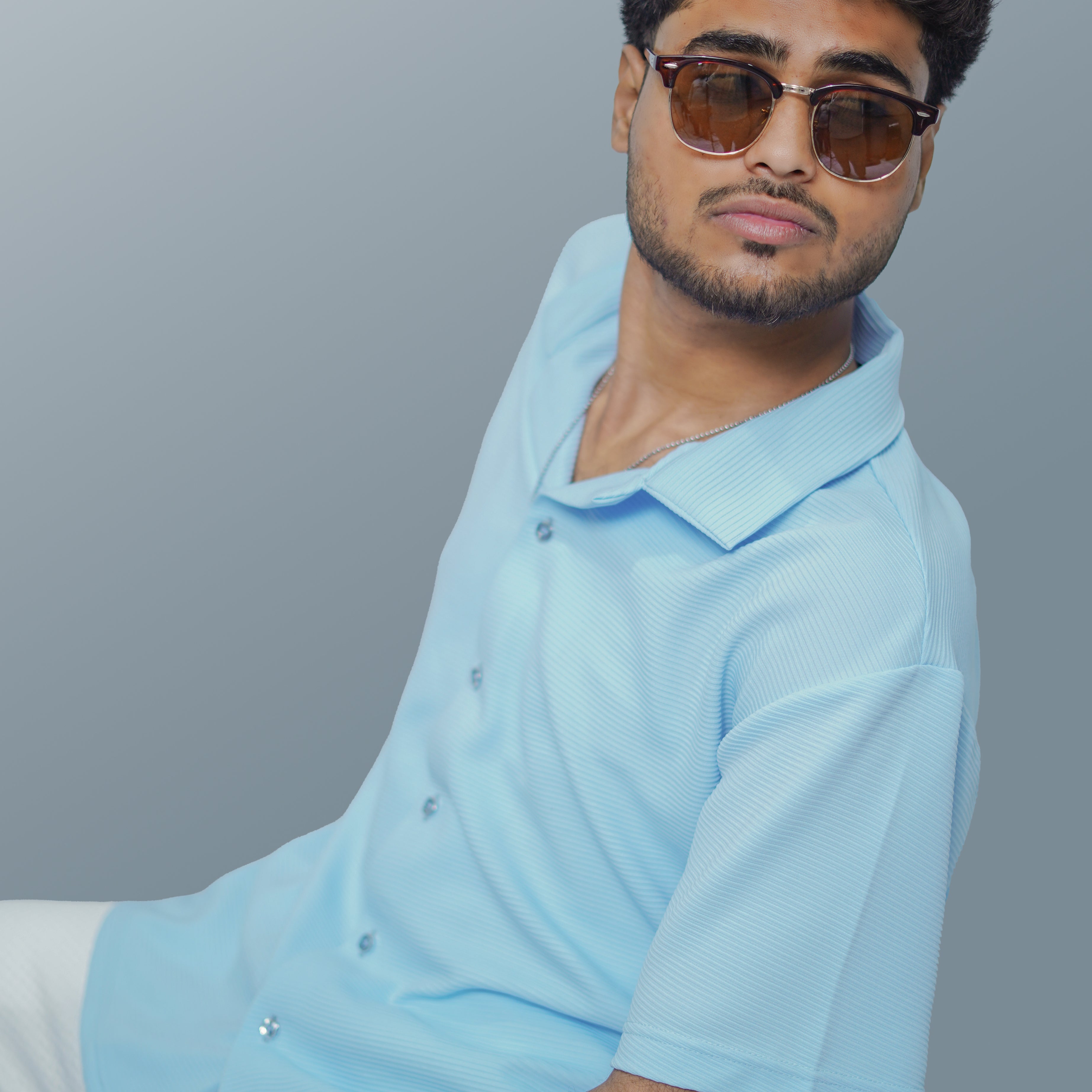 Icy Blue Horizontal Stripe Textured Bowling Shirt