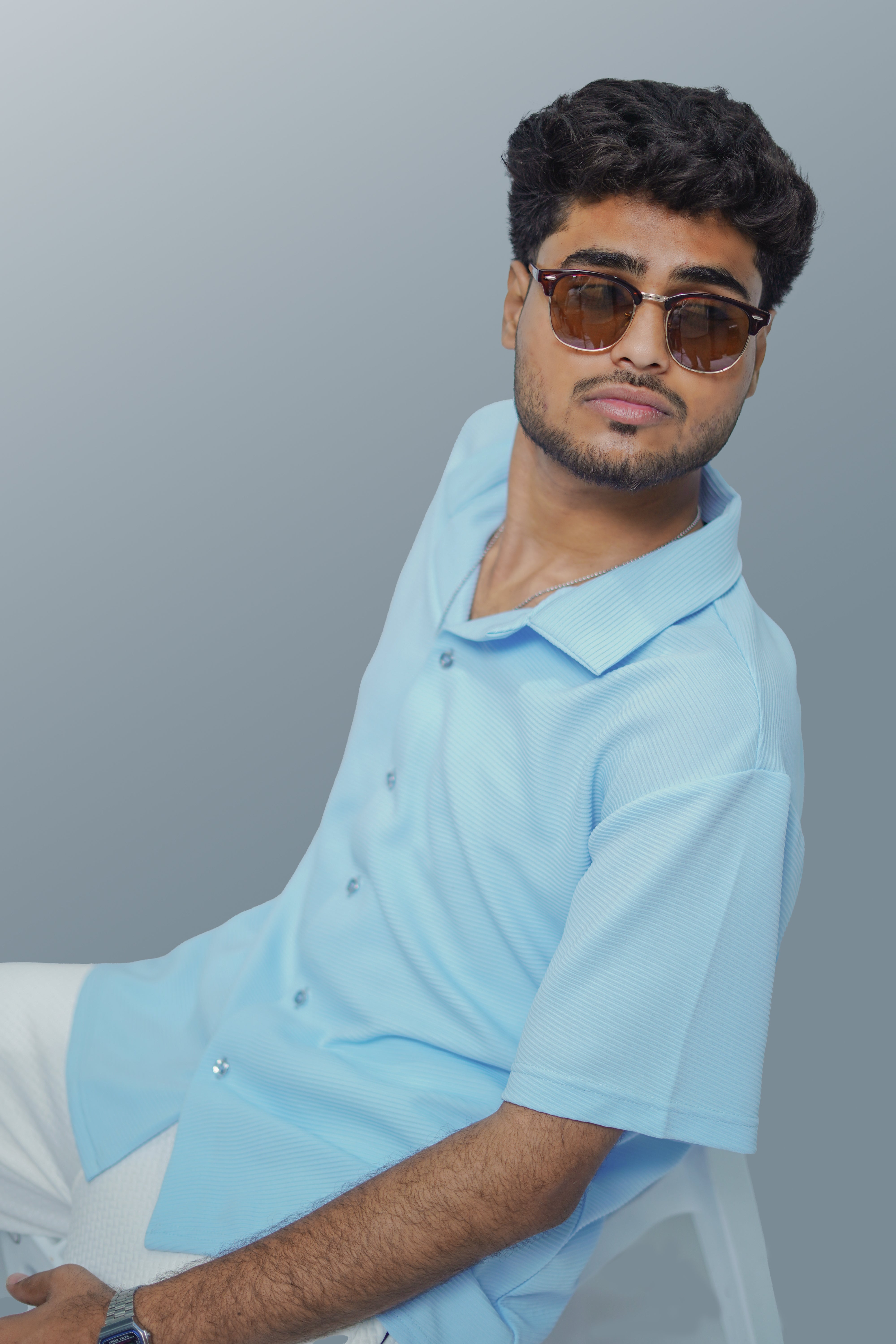 Icy Blue Horizontal Stripe Textured Bowling Shirt