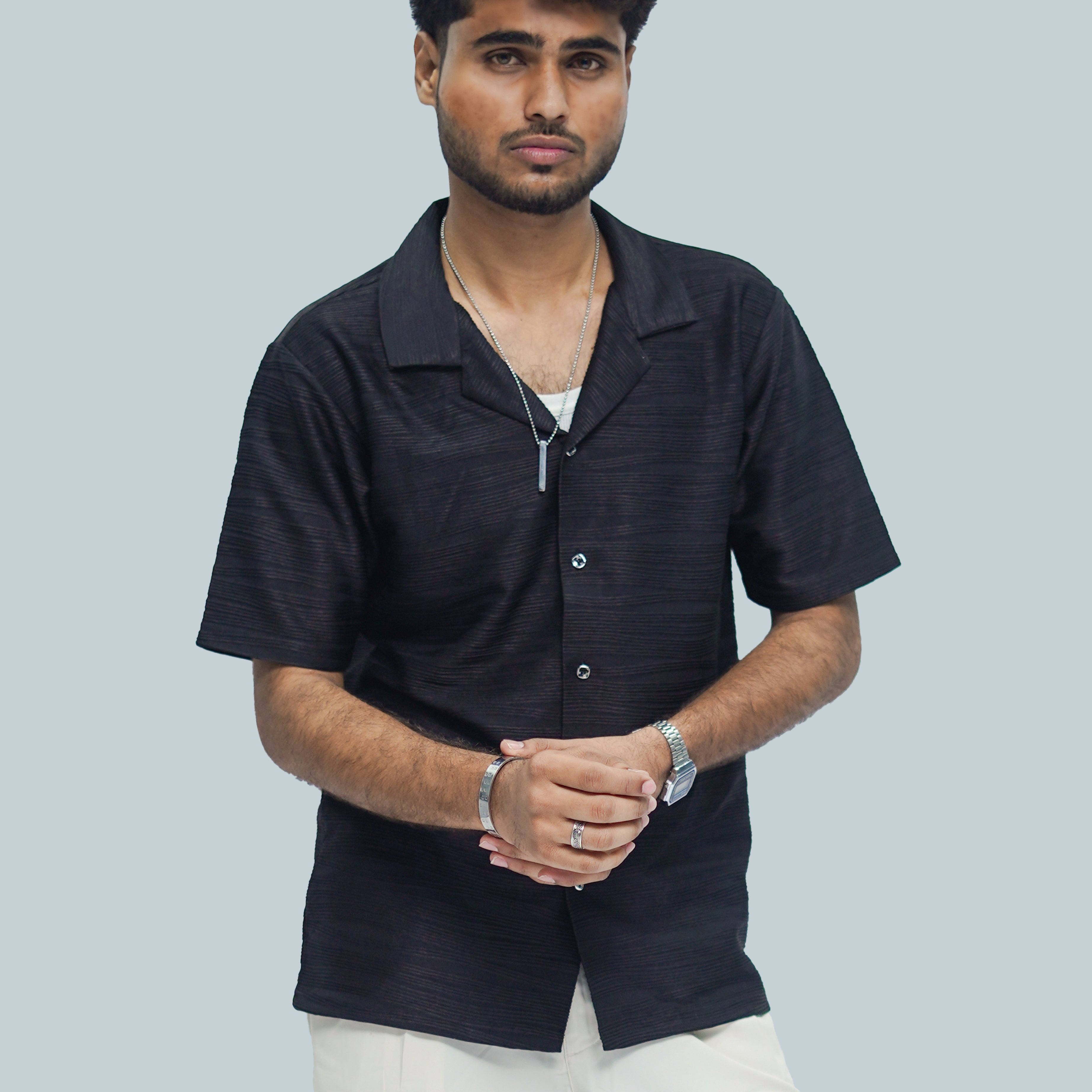 Black Horizontal Stripe Textured Bowling Shirt