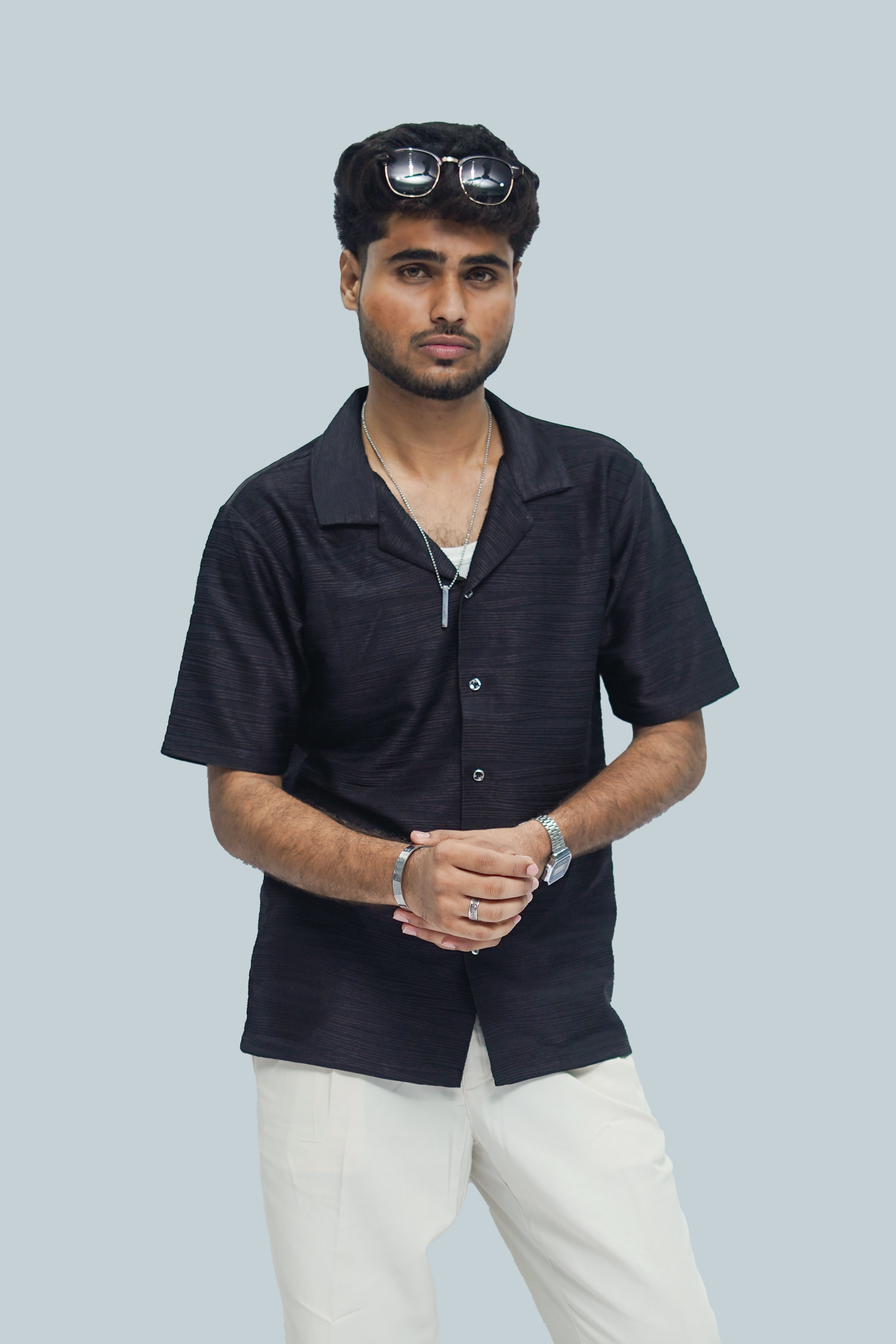 Black Horizontal Stripe Textured Bowling Shirt