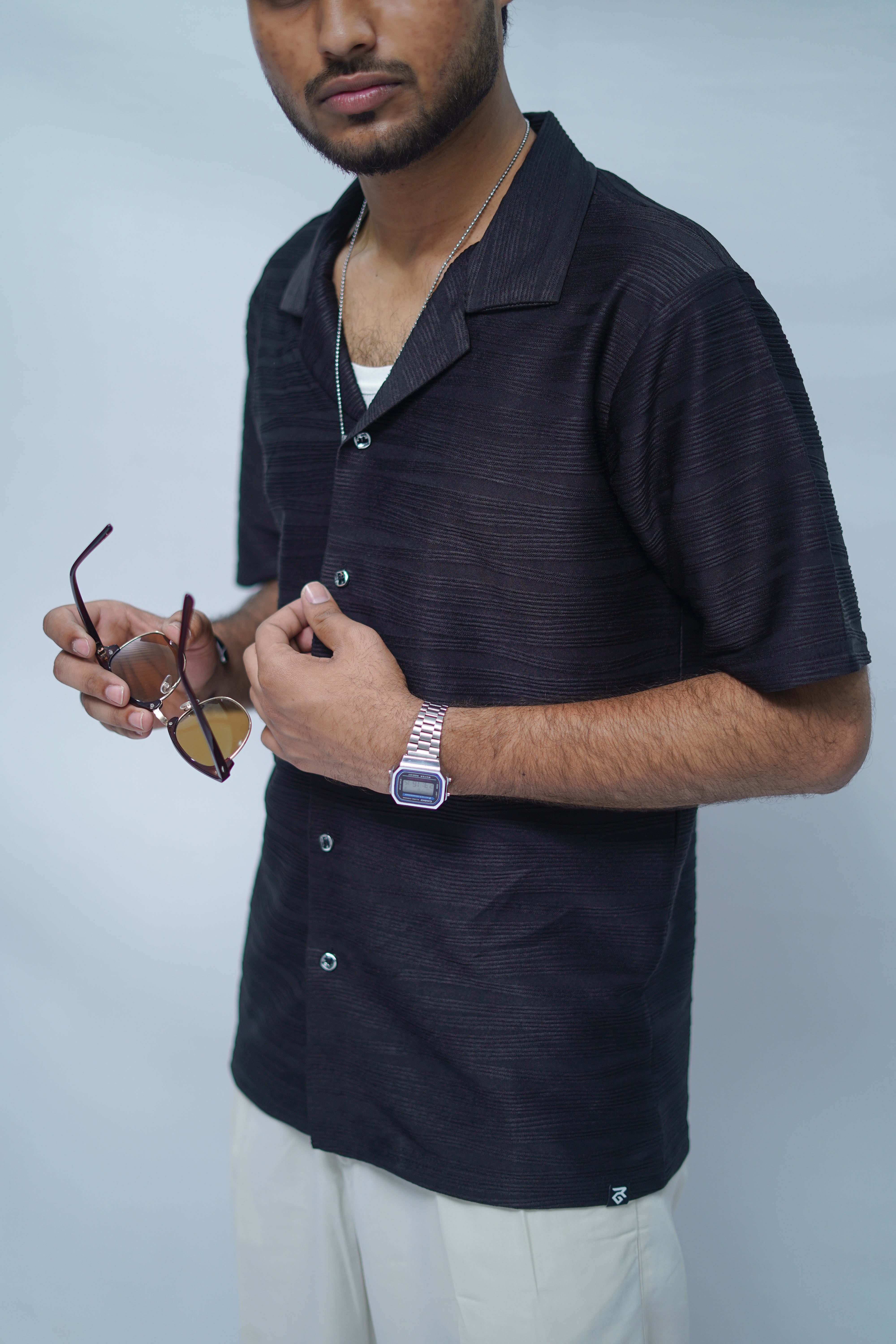 Black Horizontal Stripe Textured Bowling Shirt