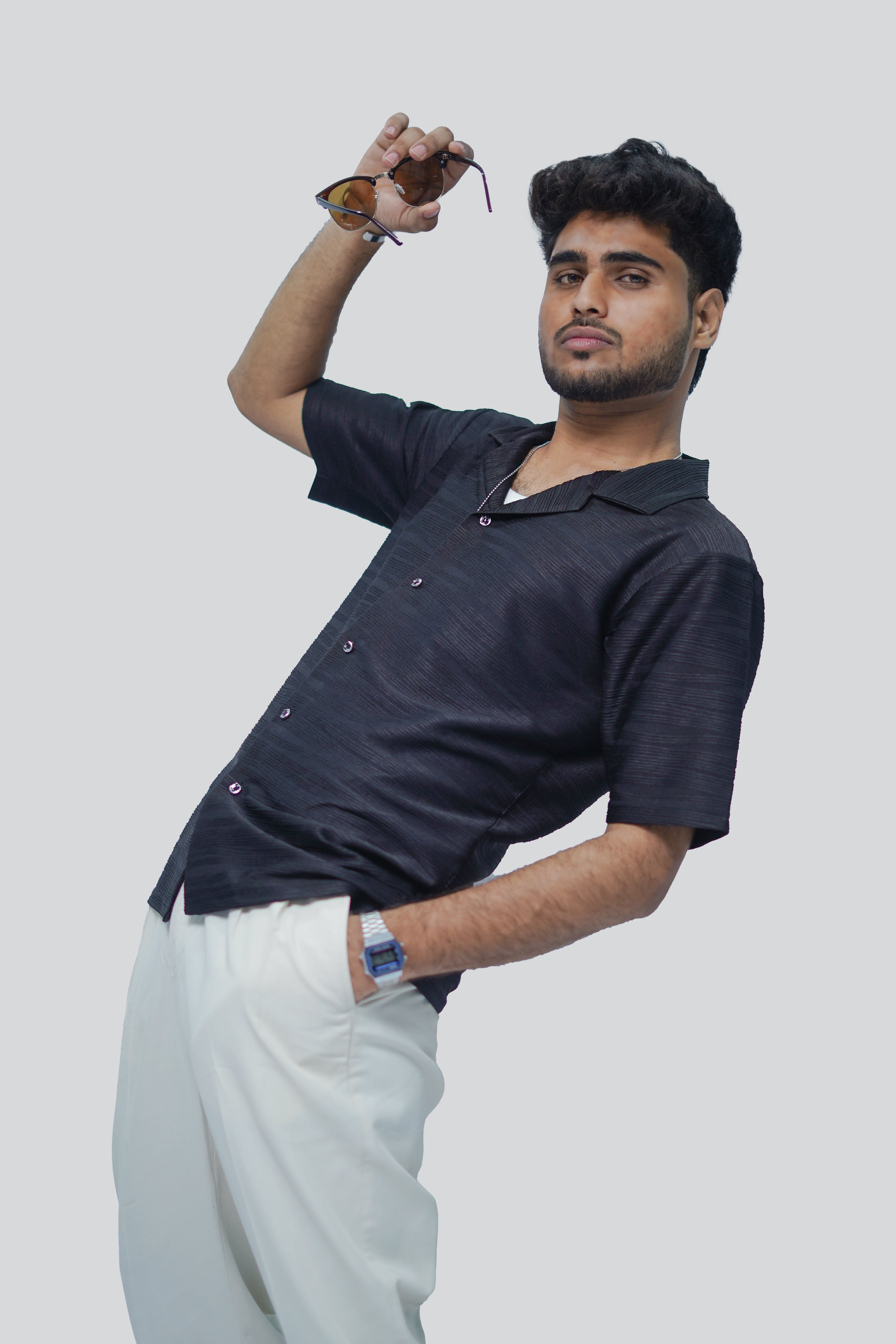 Black Horizontal Stripe Textured Bowling Shirt