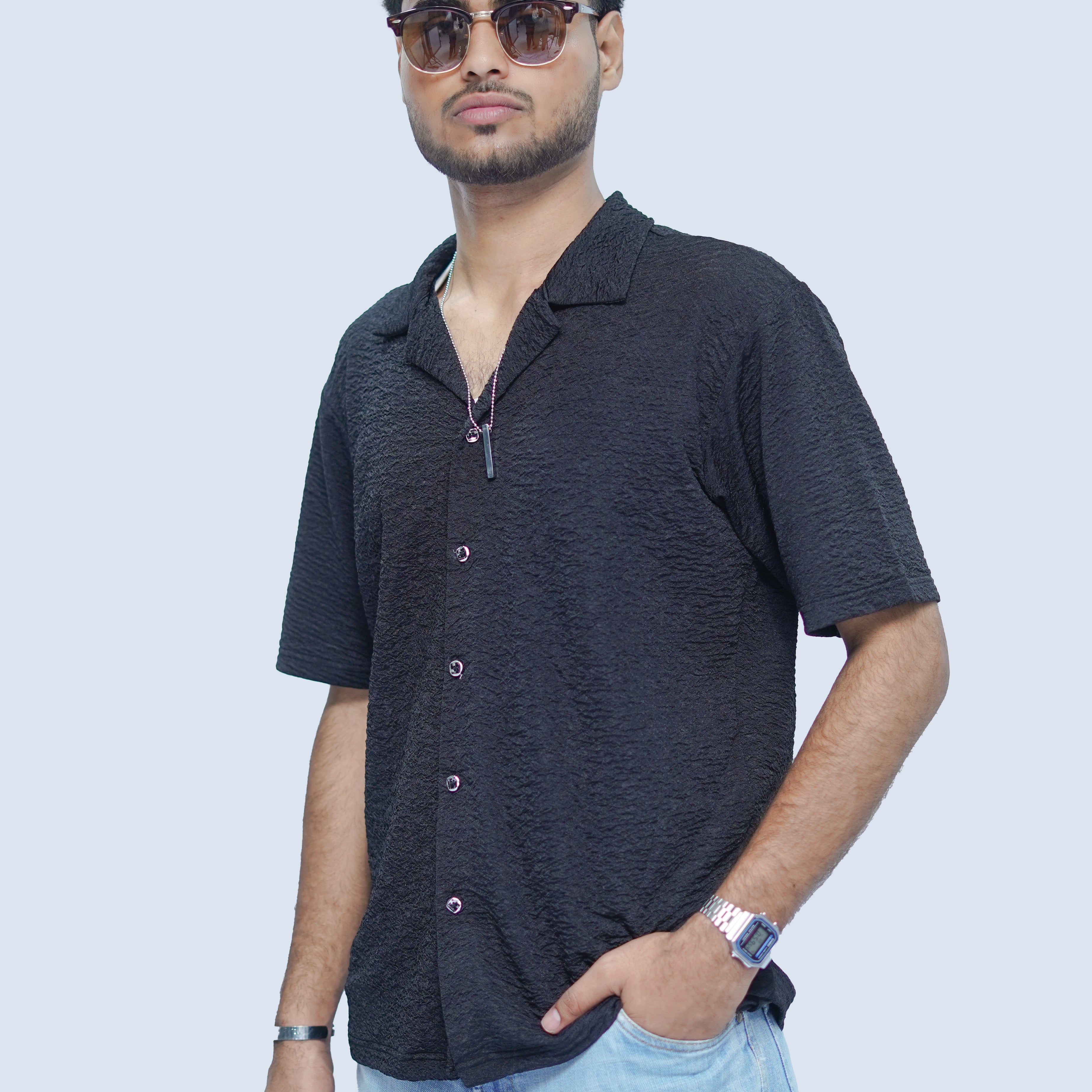 Black Textured Bowling Shirt