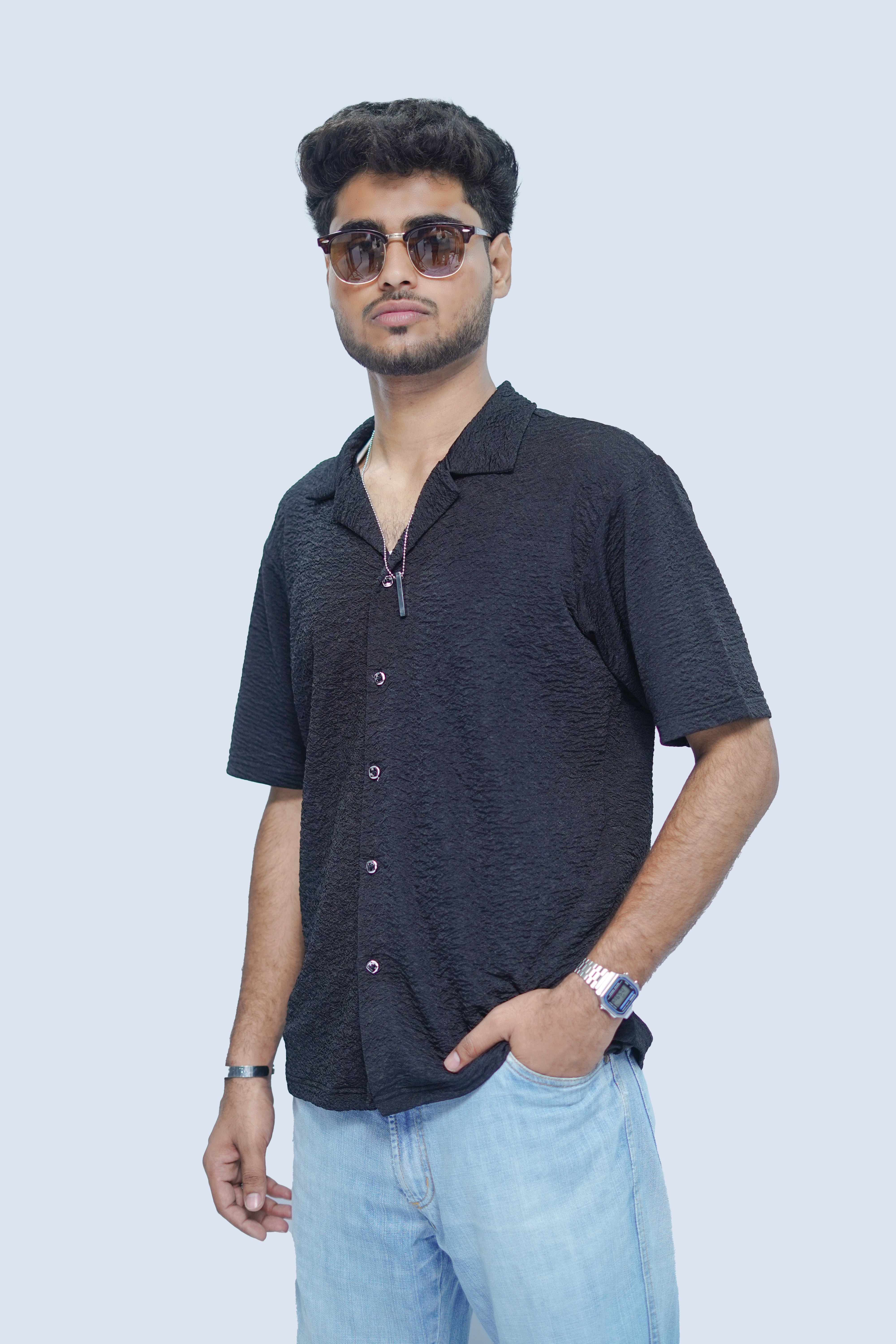 Black Textured Bowling Shirt