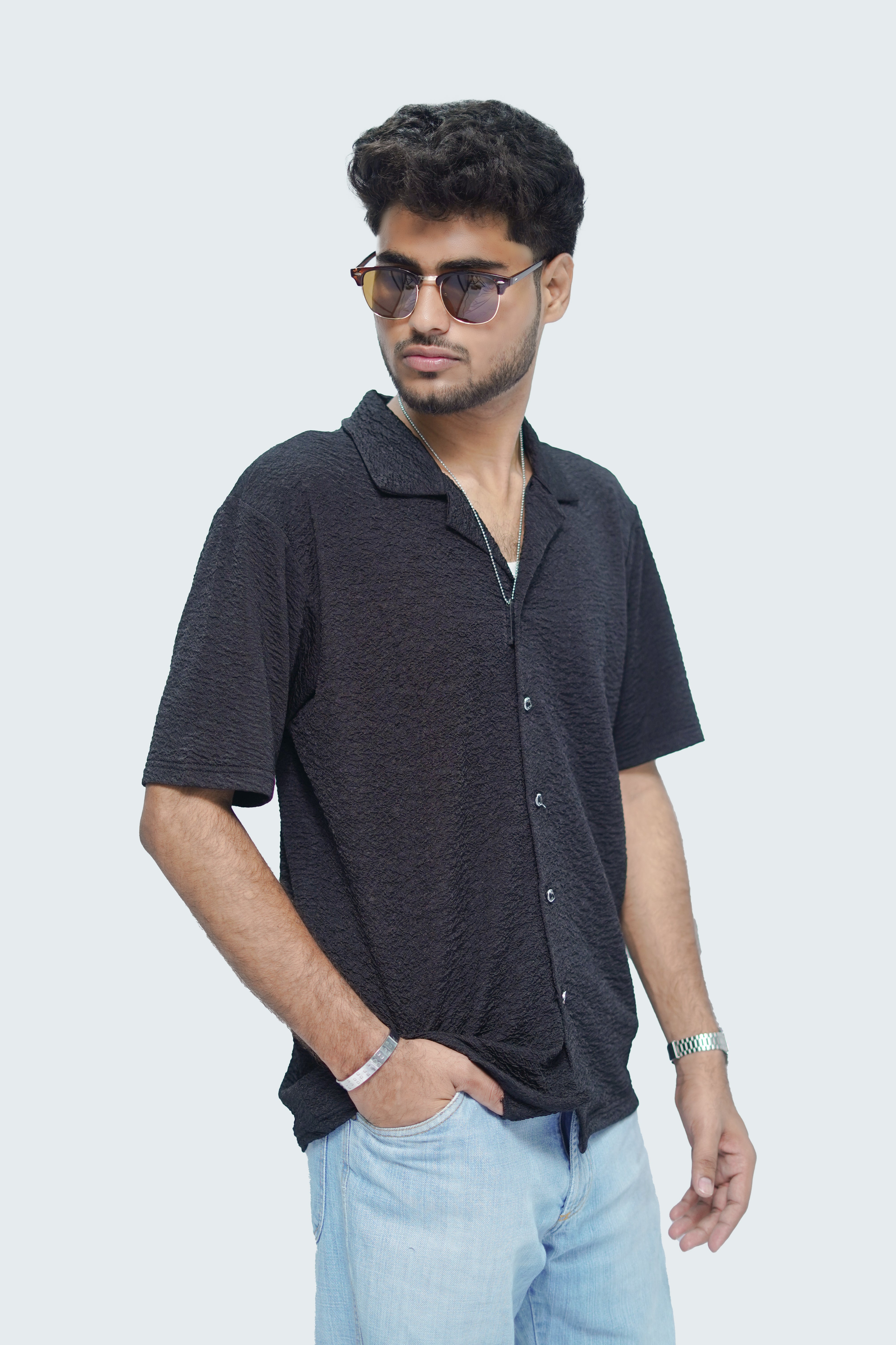 Black Textured Bowling Shirt