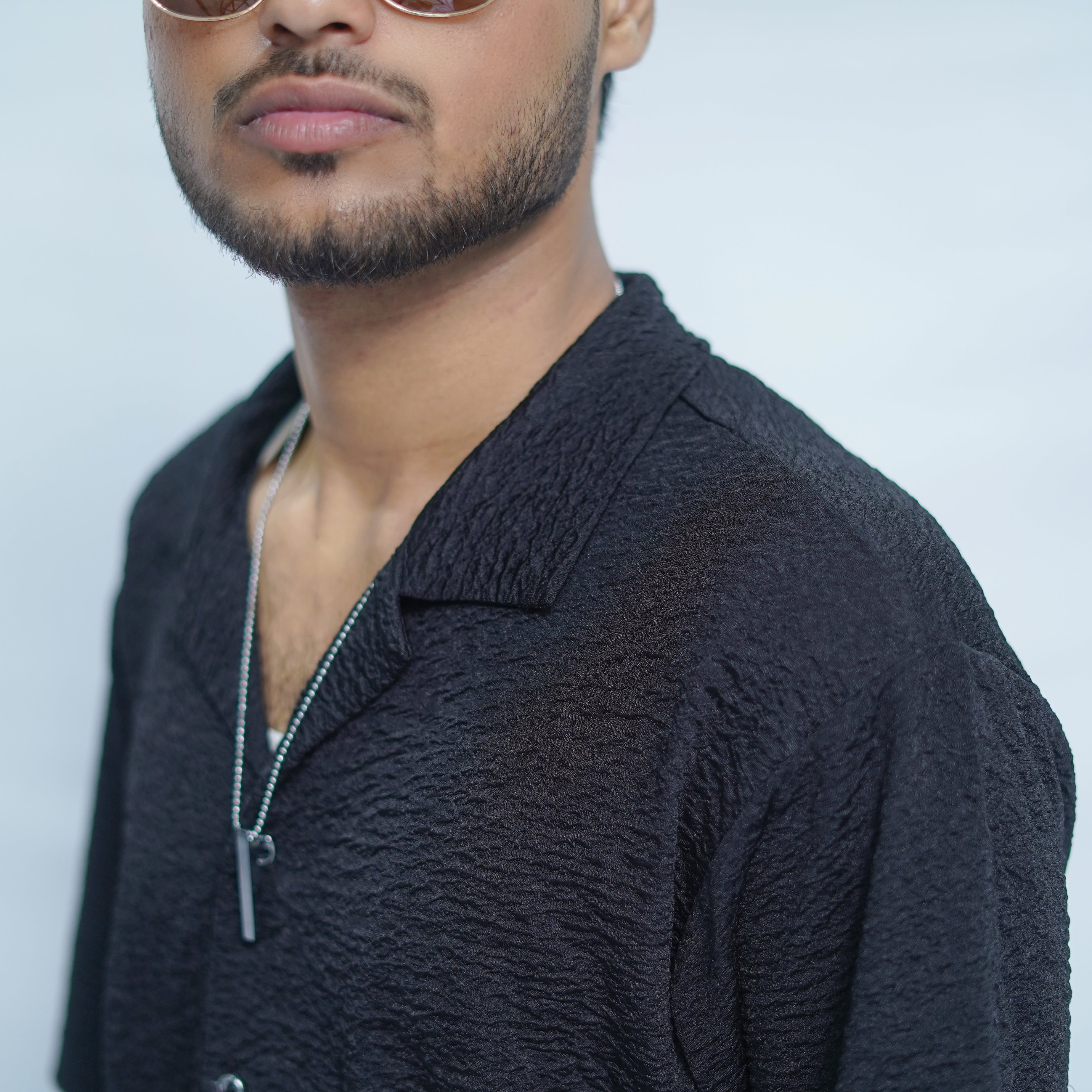 Black Textured Bowling Shirt