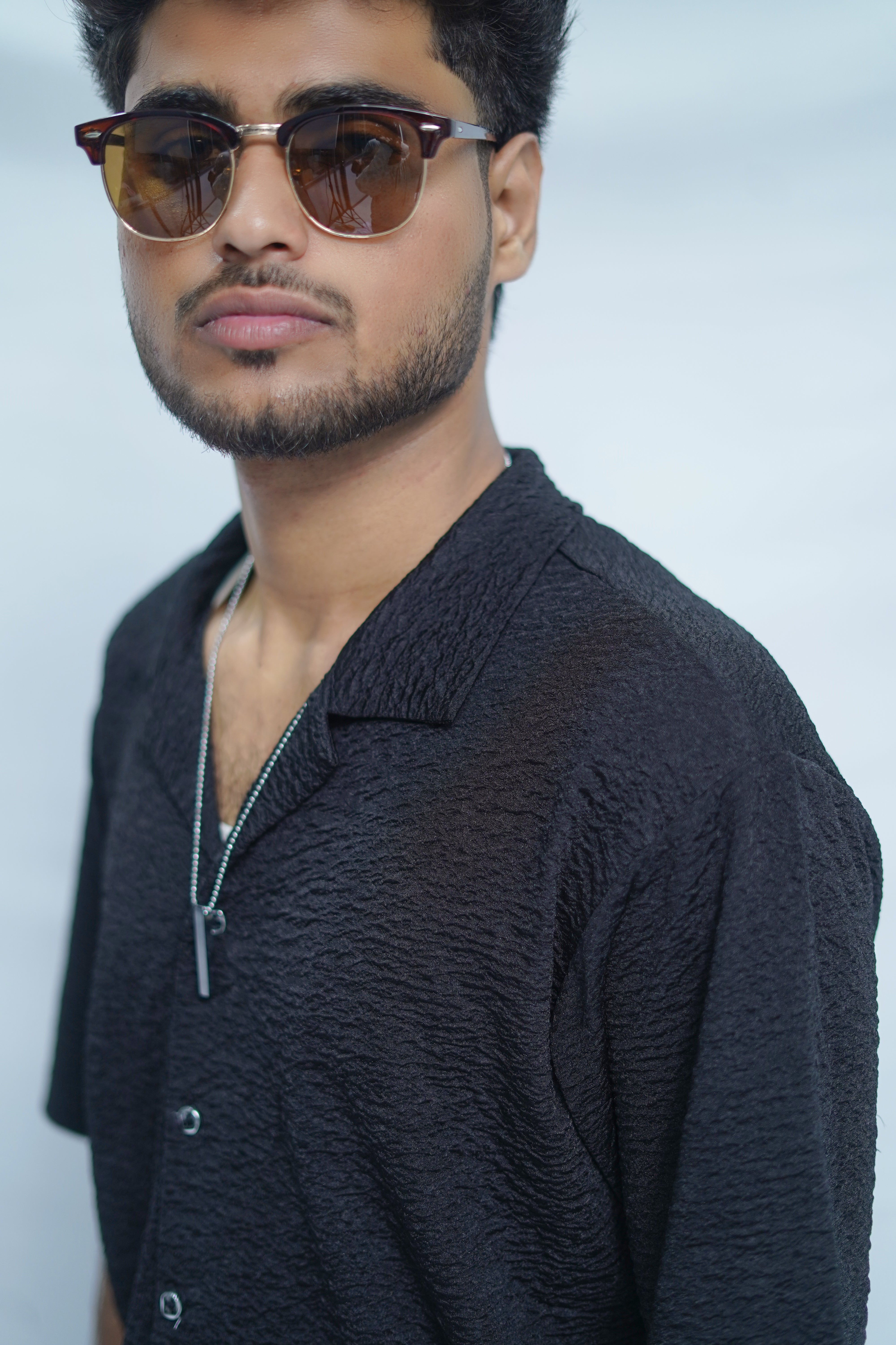Black Textured Bowling Shirt