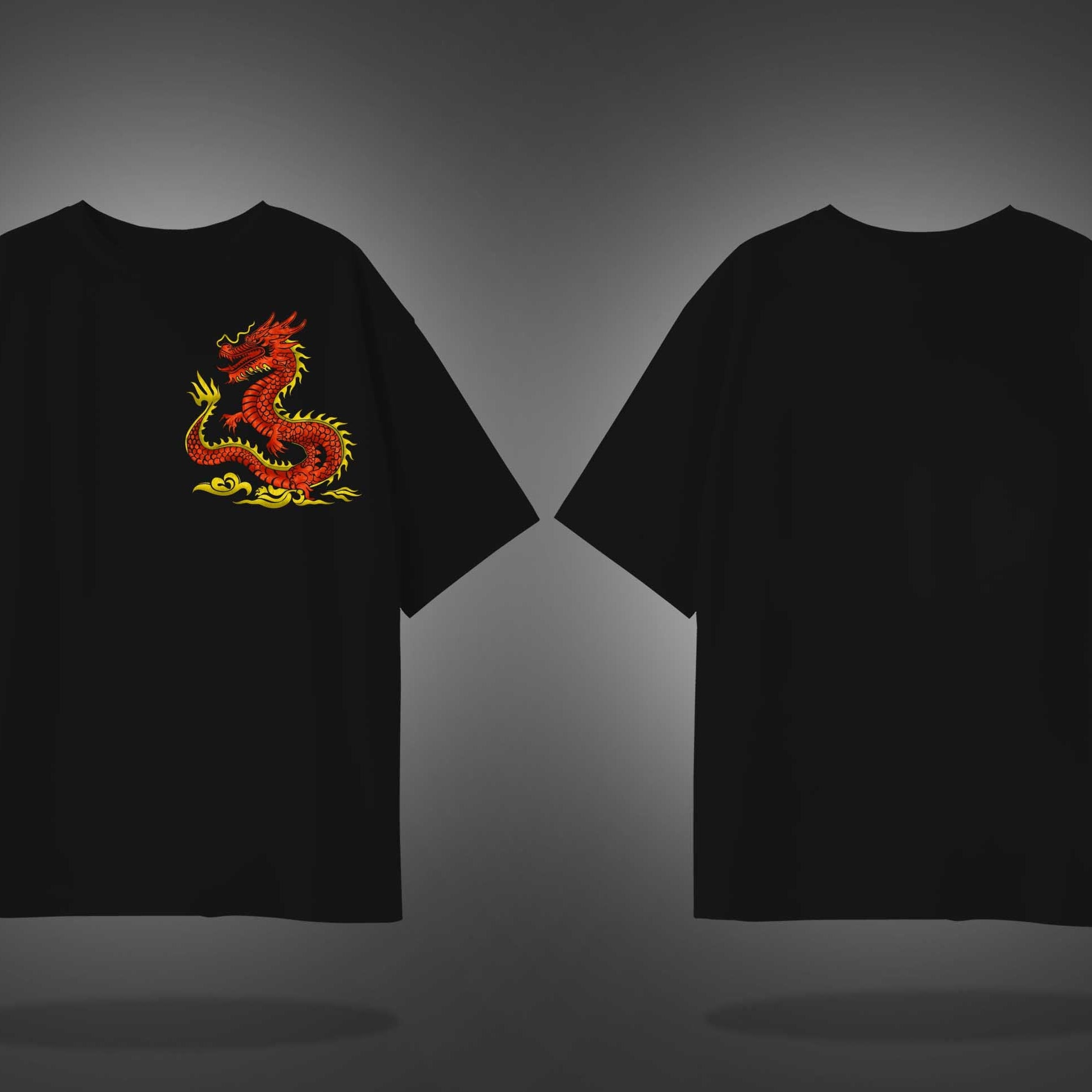Black Half Sleeve Round Neck Red Dragon Embroidered Oversized T-Shirt