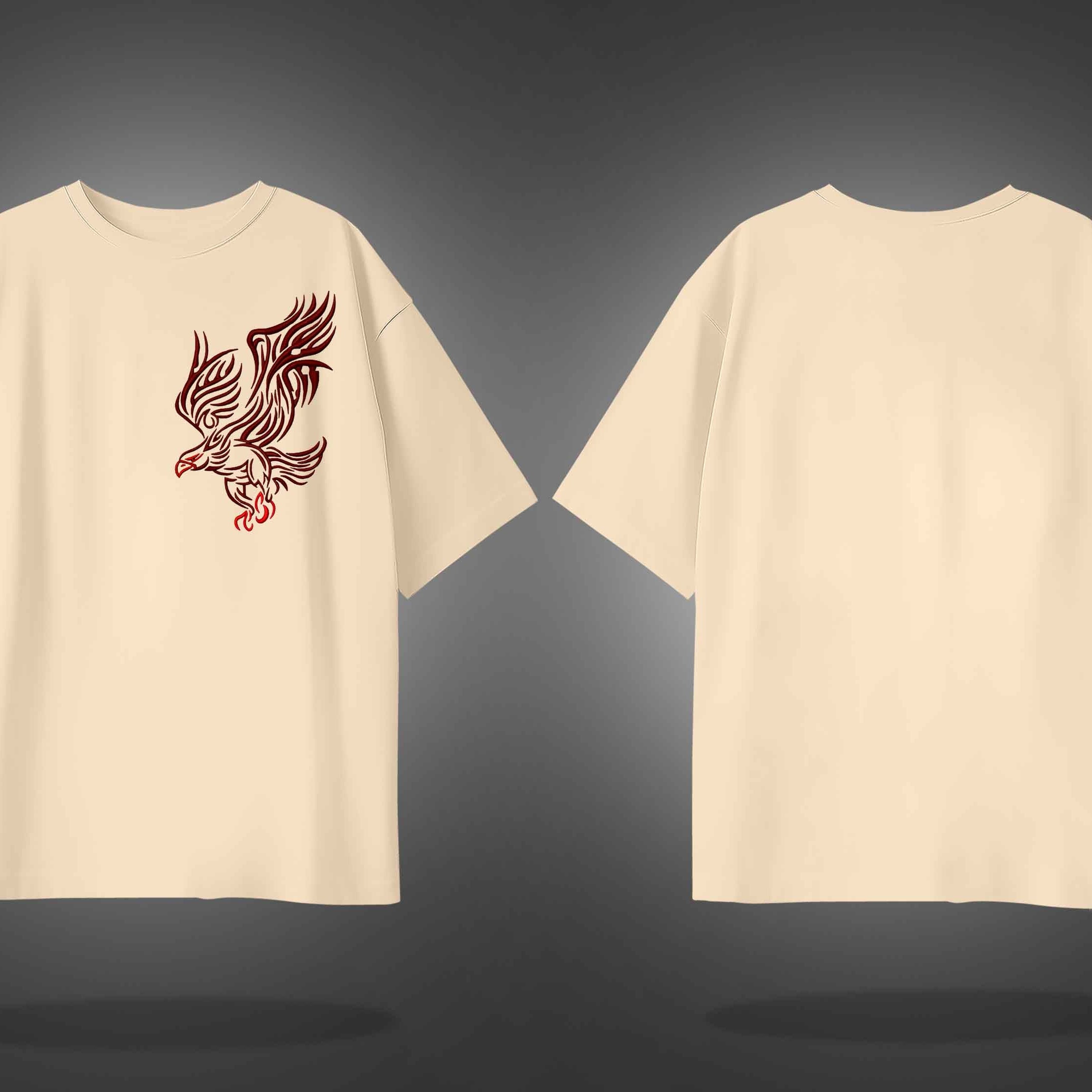 Beige Half Sleeve Round Neck Brown Eagle Embroidered Oversized T-Shirt
