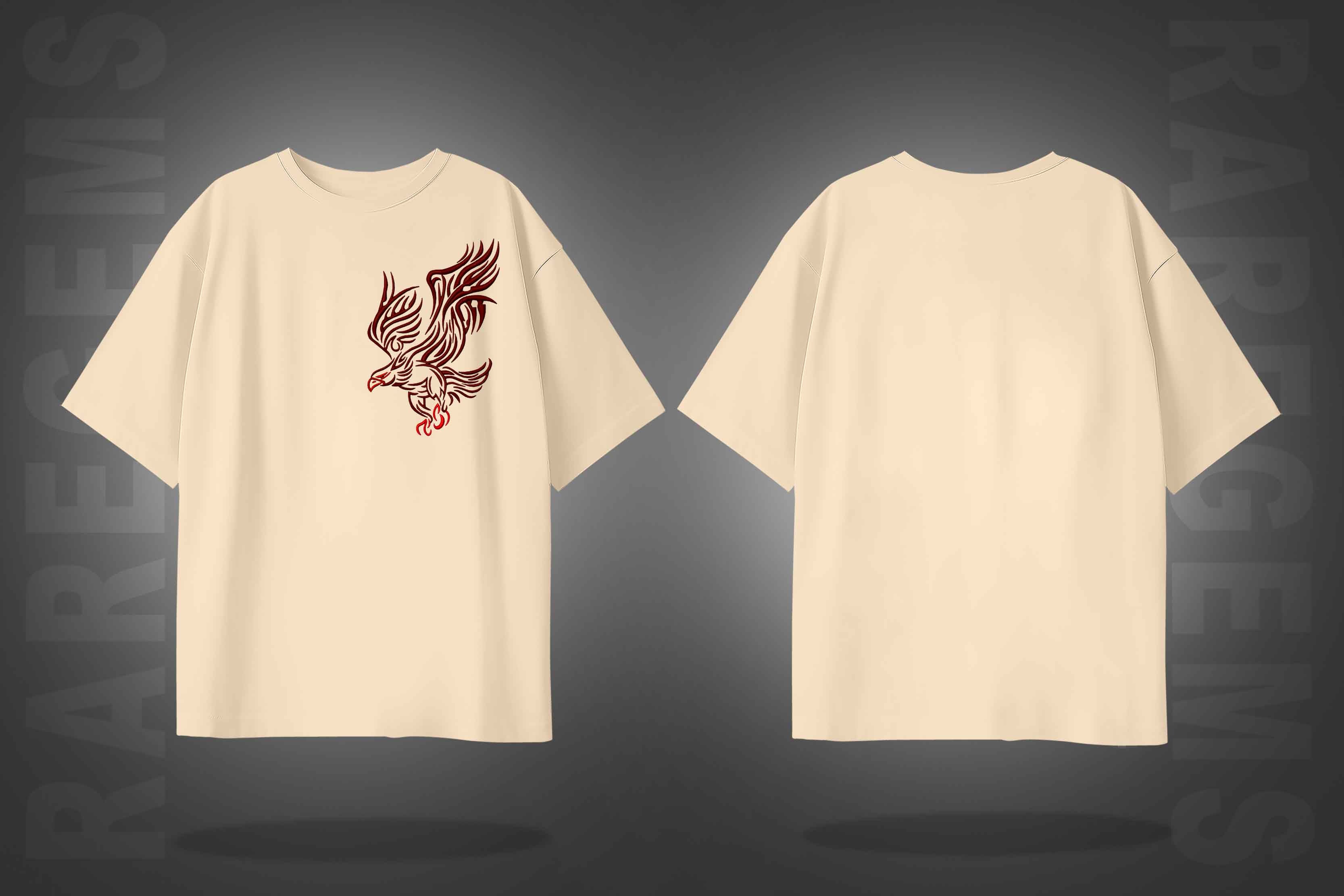 Beige Half Sleeve Round Neck Brown Eagle Embroidered Oversized T-Shirt