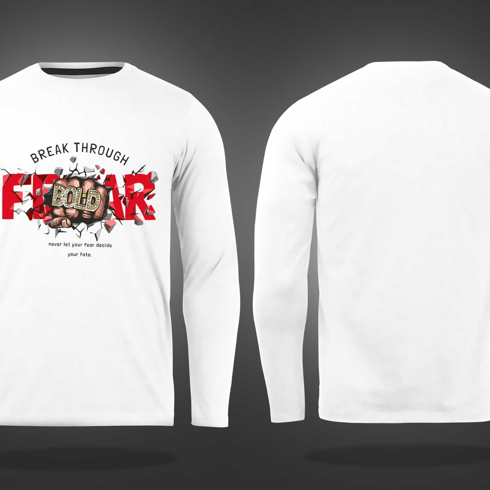 White Round Neck Fear And Bold Printed Full Sleeves T-Shirt