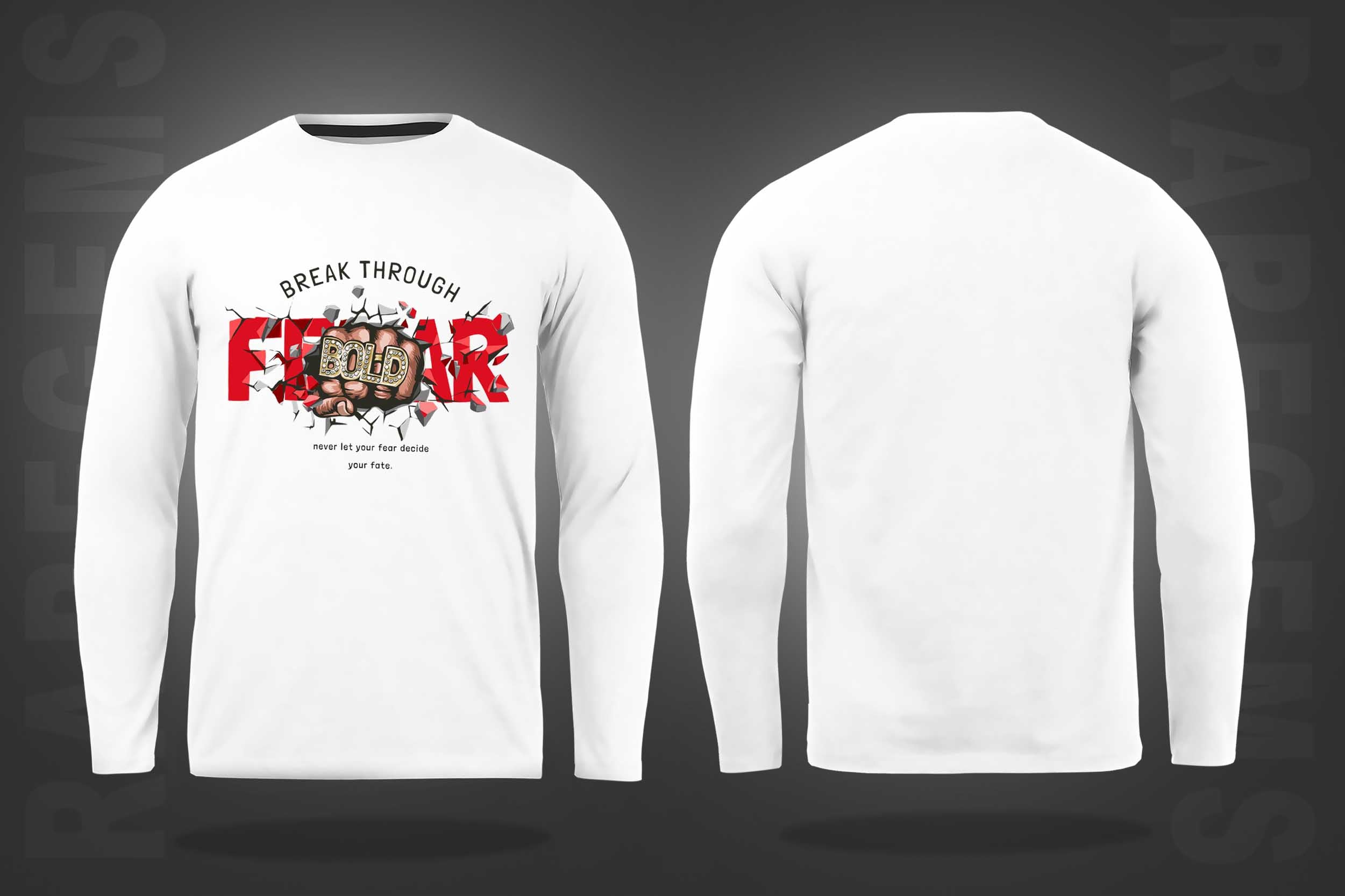 White Round Neck Fear And Bold Printed Full Sleeves T-Shirt