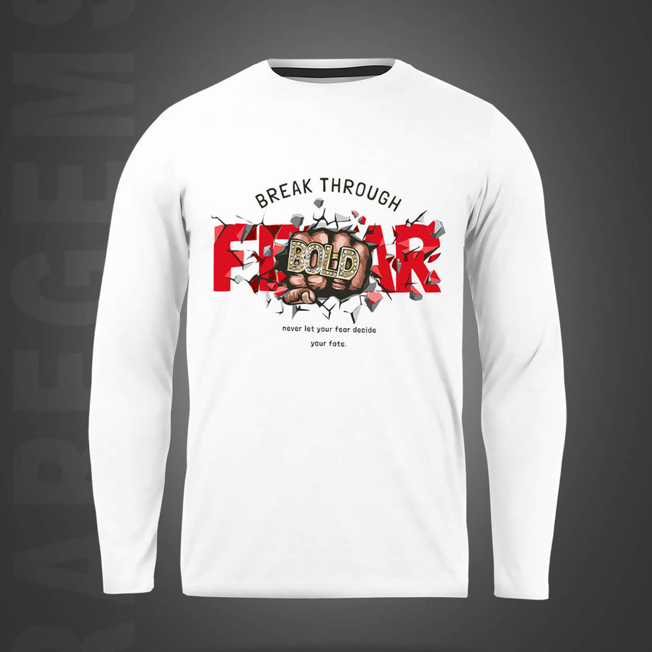 White Round Neck Fear And Bold Printed Full Sleeves T-Shirt