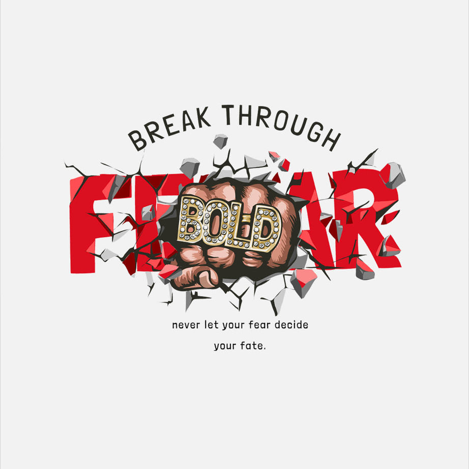 White Round Neck Fear And Bold Printed Full Sleeves T-Shirt