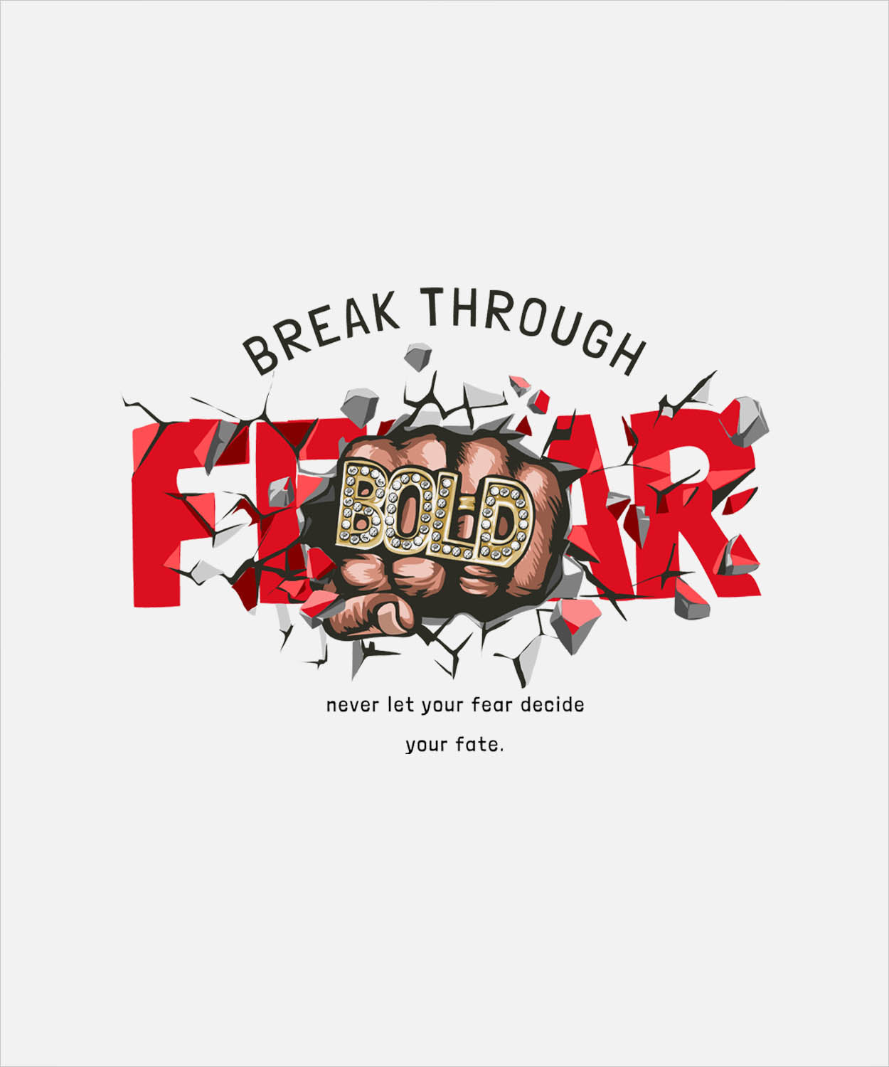 White Round Neck Fear And Bold Printed Full Sleeves T-Shirt