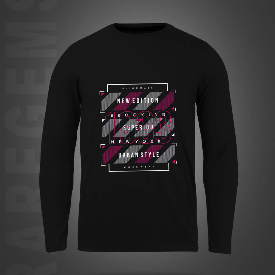 Black Round Neck Brooklyn Newyork Printed Full Sleeves T-Shirt