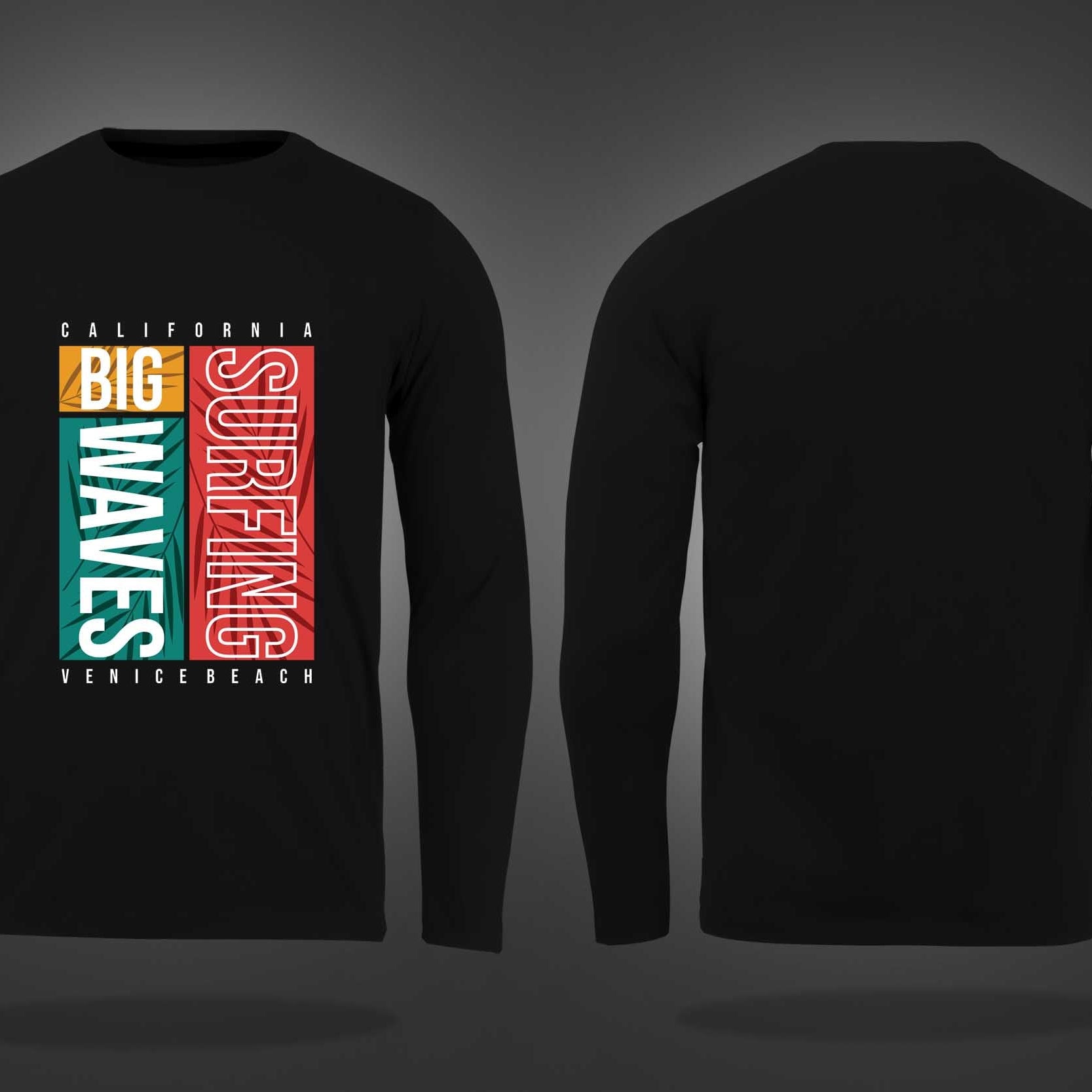 Black Round Neck California Surfing Printed Full Sleeves T-Shirt