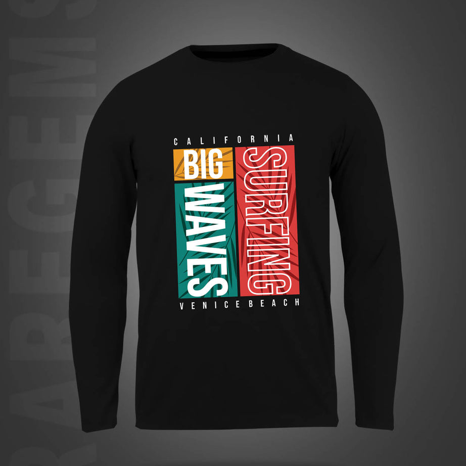 Black Round Neck California Surfing Printed Full Sleeves T-Shirt