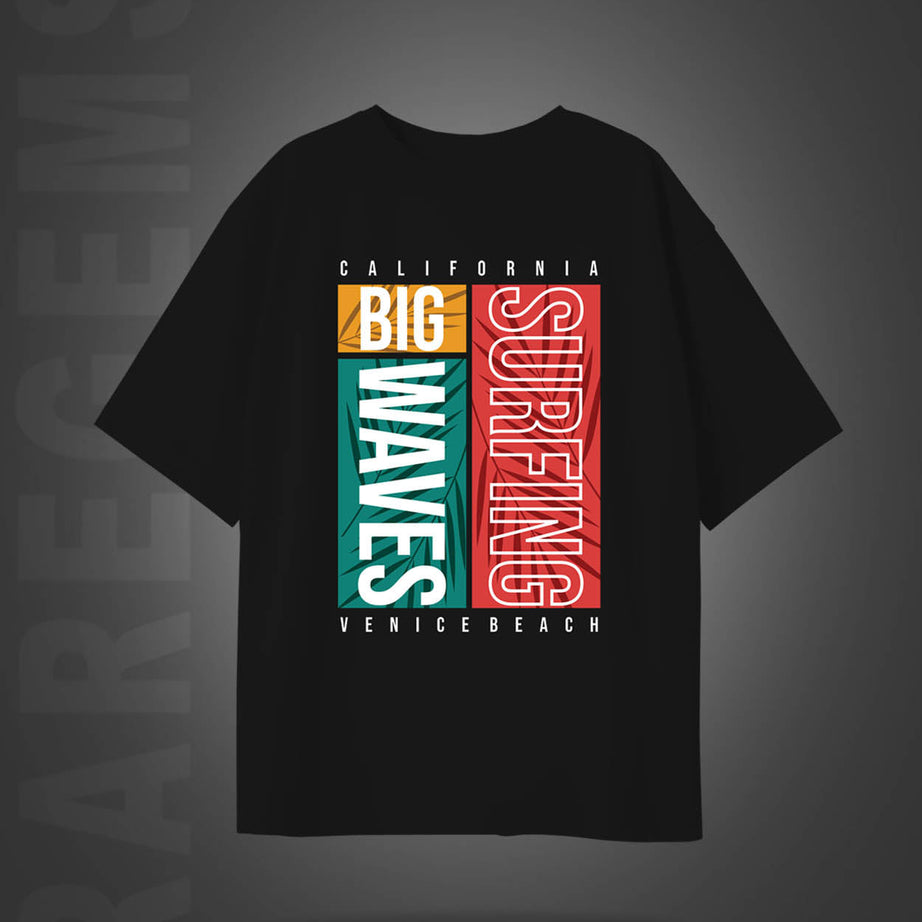 Black Half Sleeve Round Neck California Surfing Printed Oversized T-Shirt