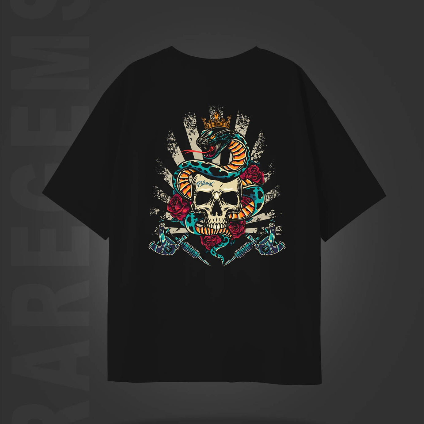 Black Half Sleeve Snake Around The Skull Printed Oversized T-Shirt