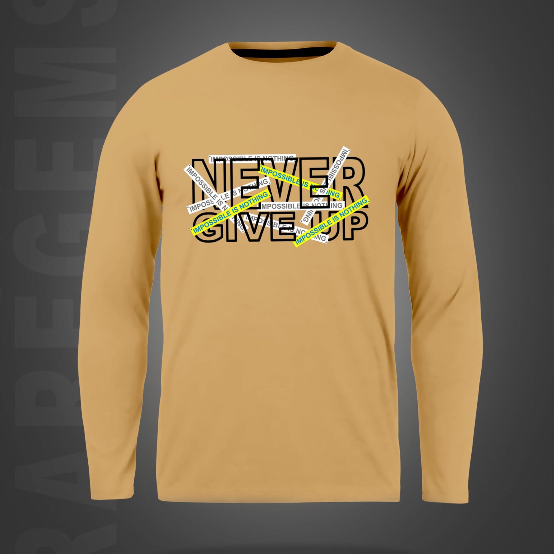Beige Round Neck Never Give Up Printed Full Sleeves T-Shirt