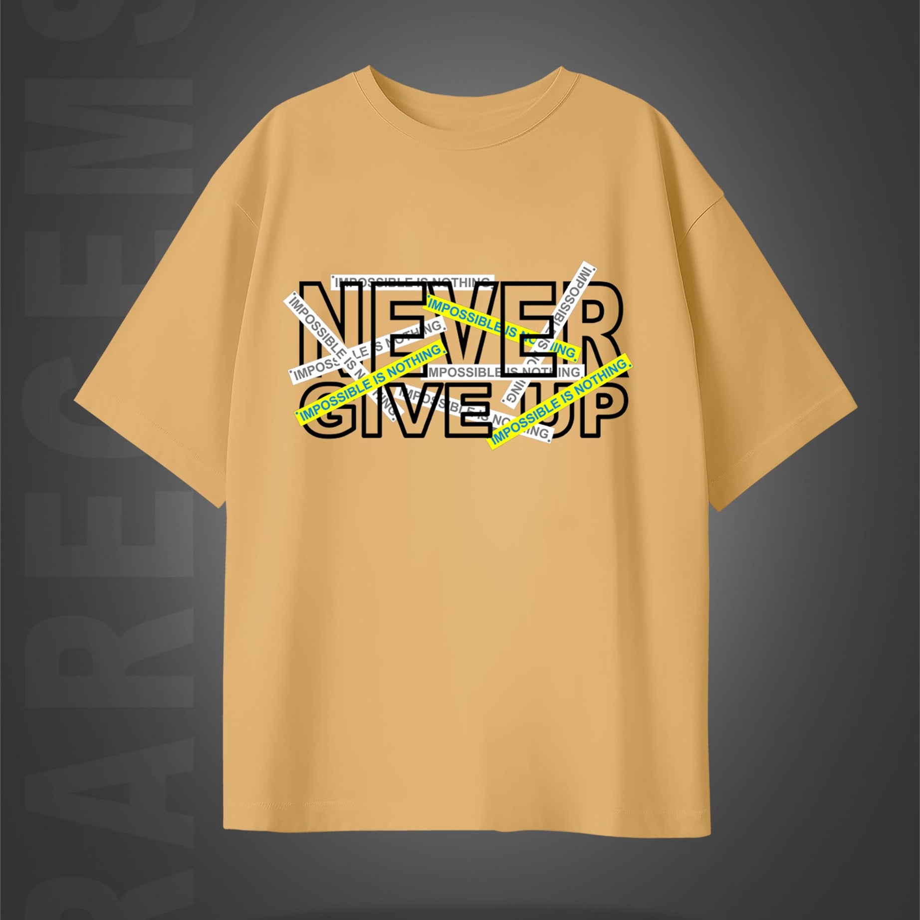 Beige Half Sleeve Never Give Up Printed Oversized T-Shirt