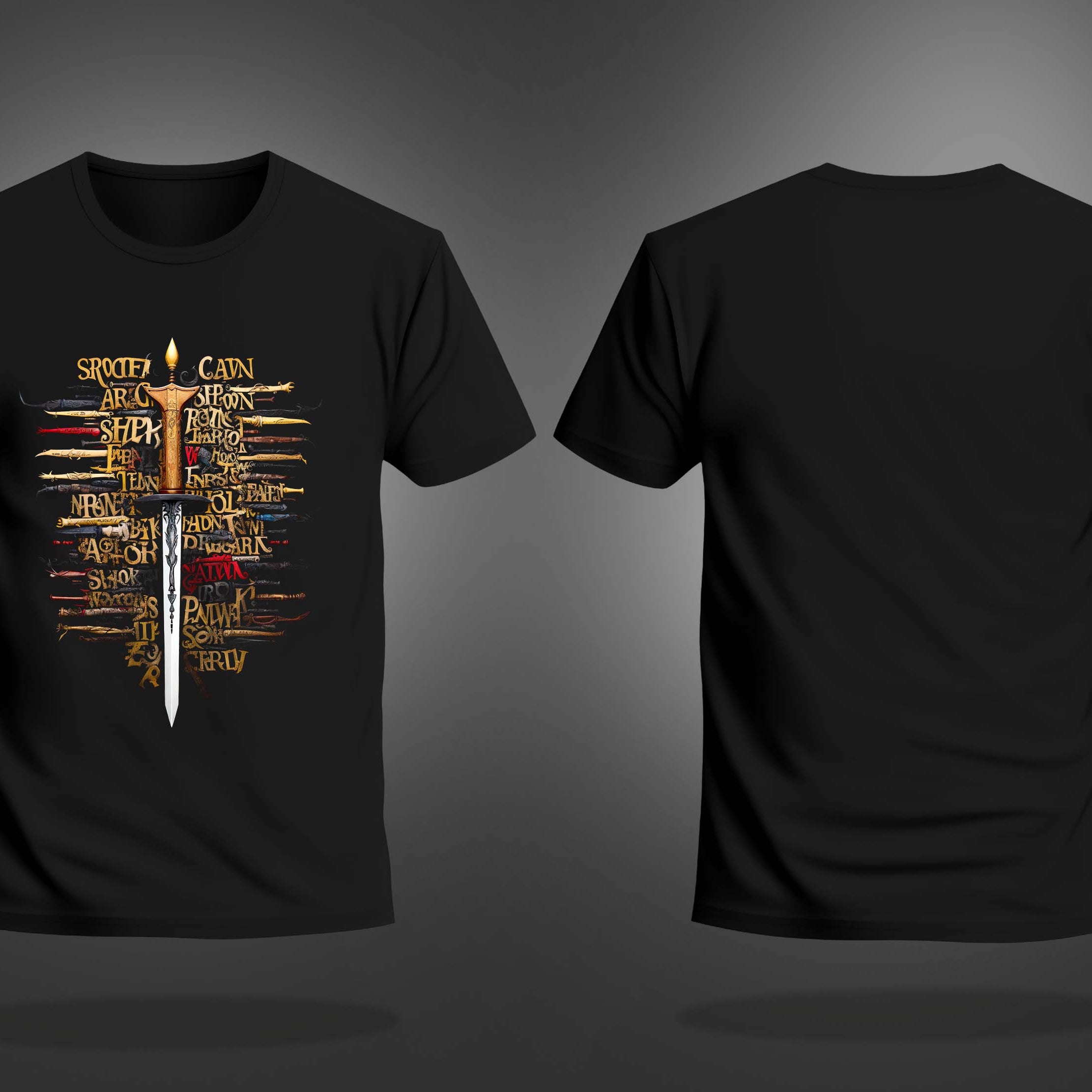 Black Half Sleeve Sword With Text Printed Regular T-Shirt
