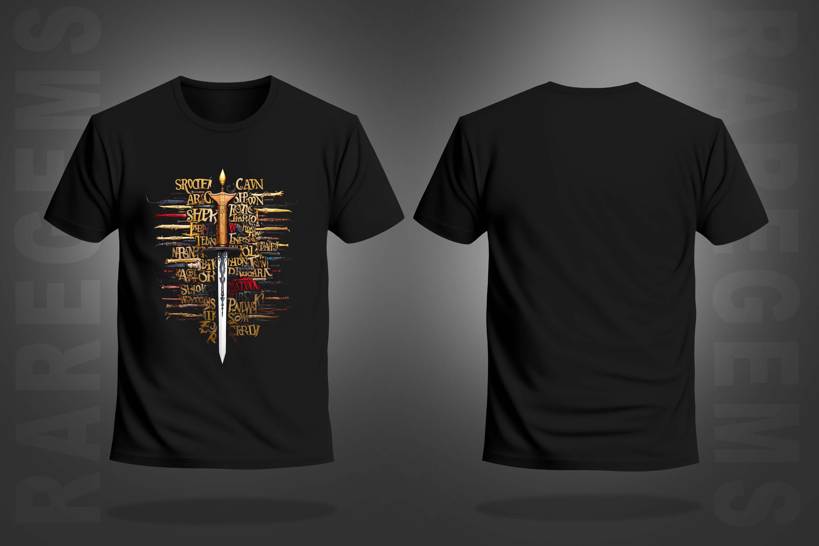 Black Half Sleeve Sword With Text Printed Regular T-Shirt