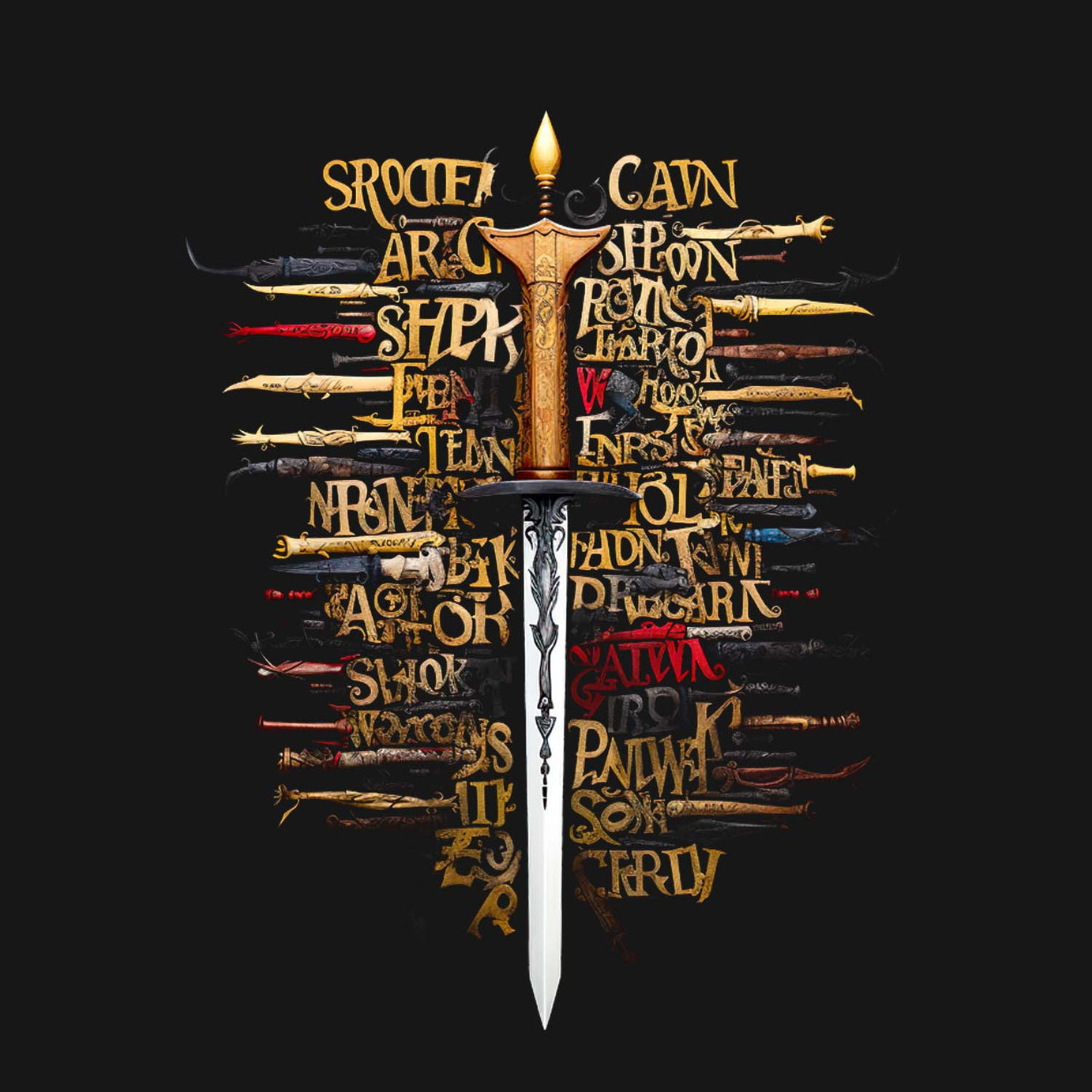 Black Half Sleeve Sword With Text Printed Regular T-Shirt