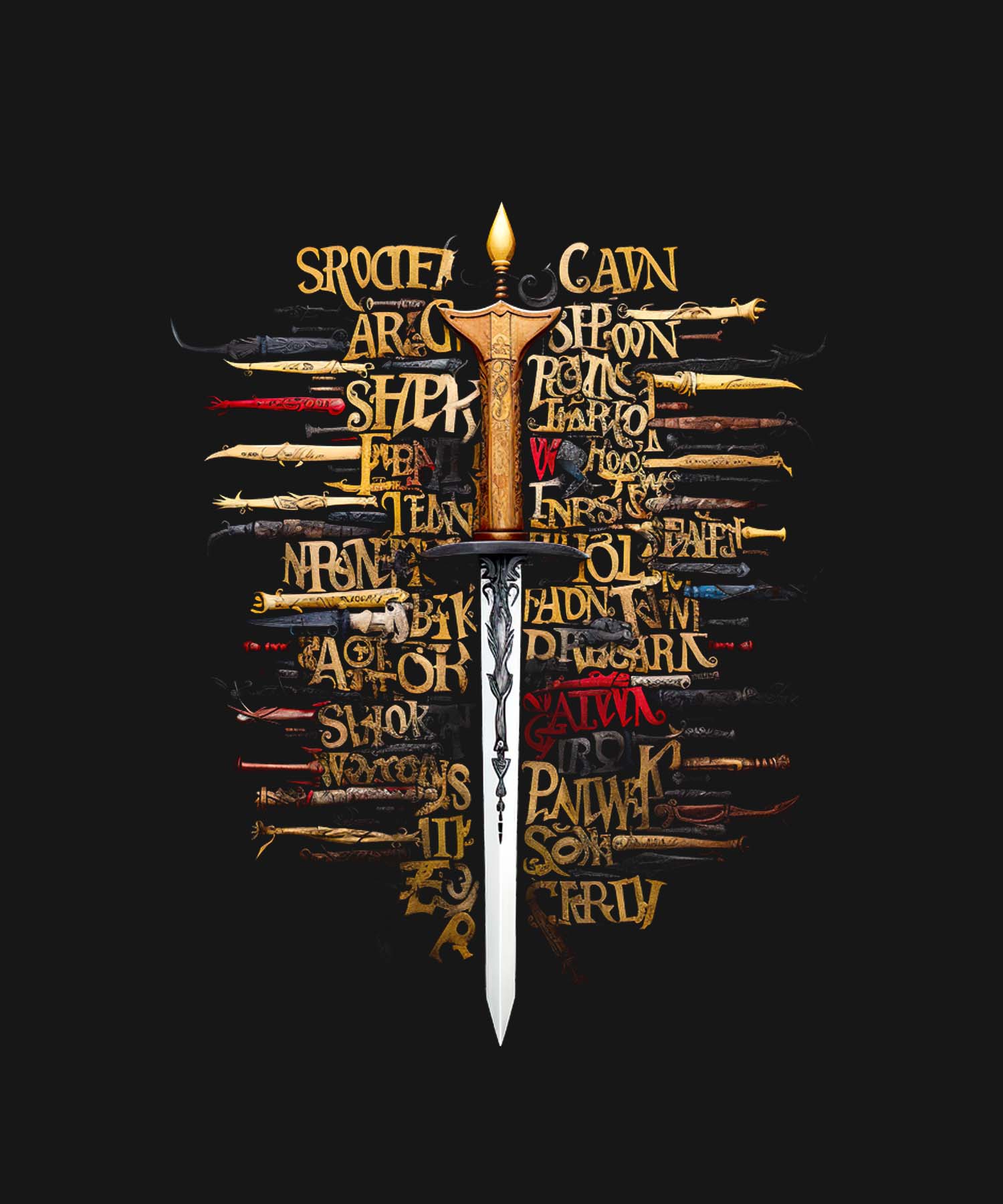 Black Half Sleeve Sword With Text Printed Regular T-Shirt