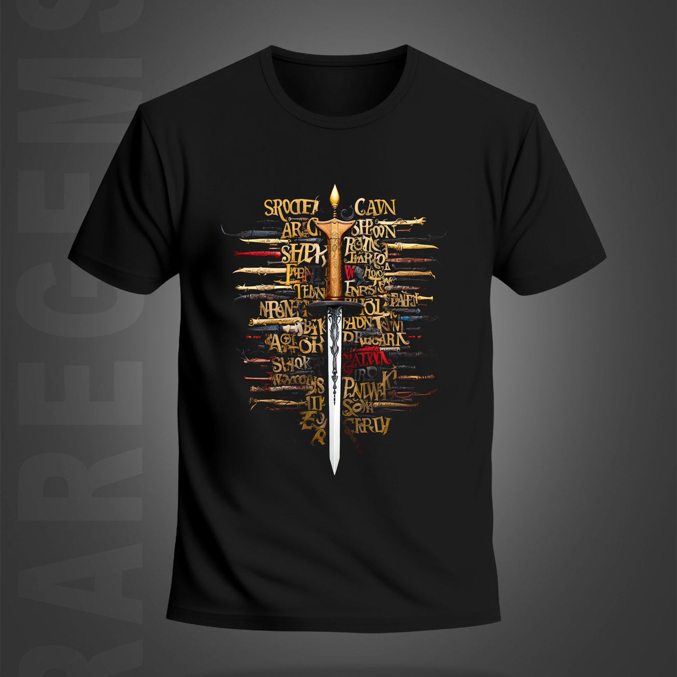 Black Half Sleeve Sword With Text Printed Regular T-Shirt