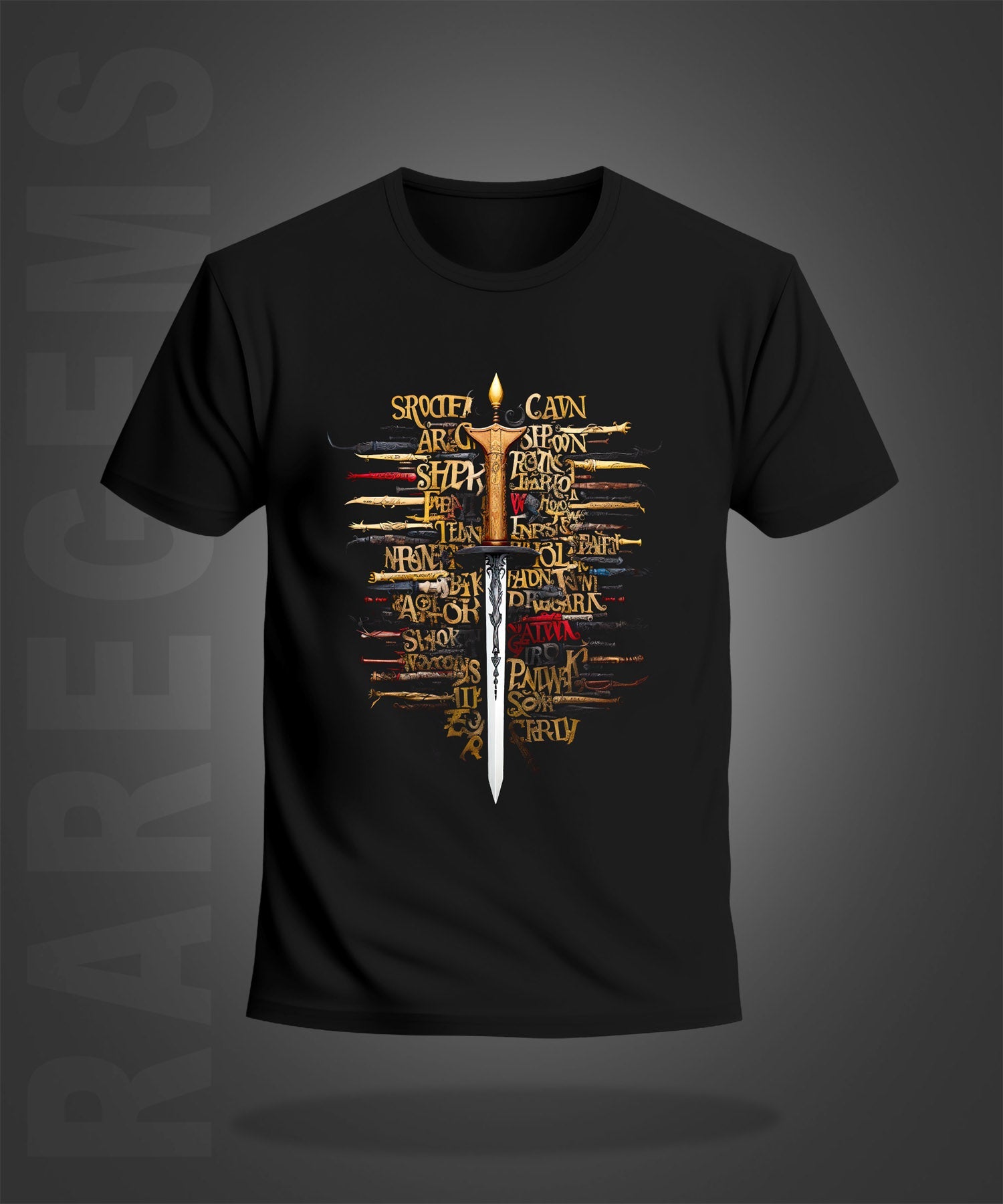 Black Half Sleeve Sword With Text Printed Regular T-Shirt