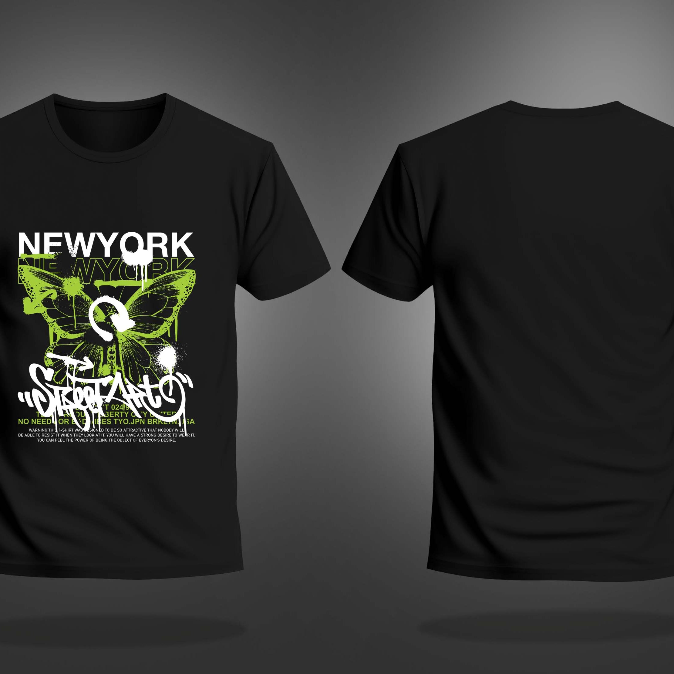 Black Round Neck Half Sleeve Newyork Neon Butterfly Printed Regular T-Shirt