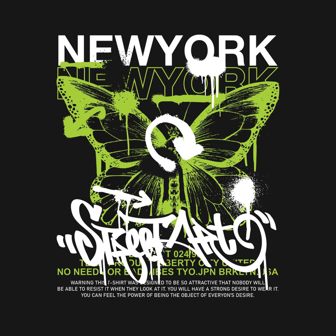 Black Round Neck Half Sleeve Newyork Neon Butterfly Printed Regular T-Shirt