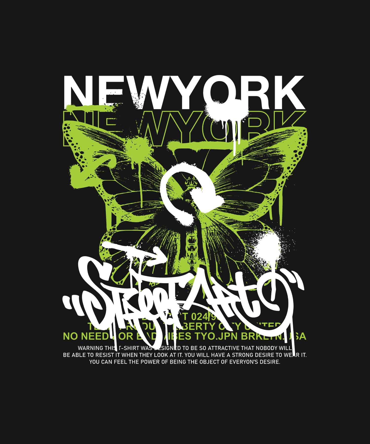 Black Round Neck Half Sleeve Newyork Neon Butterfly Printed Regular T-Shirt