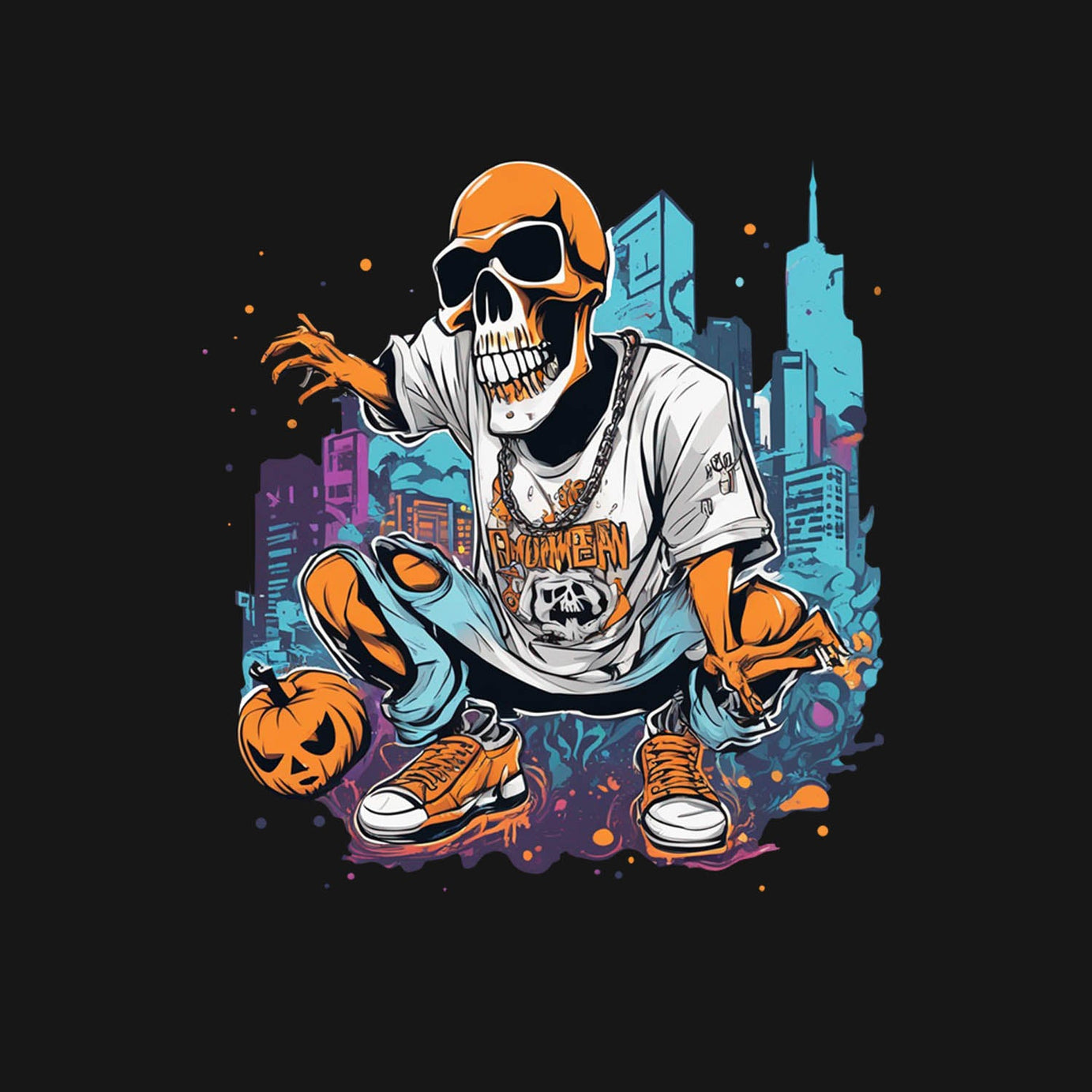 Black Half Sleeves Round Neck Urban Skeleton Printed Regular T-Shirt