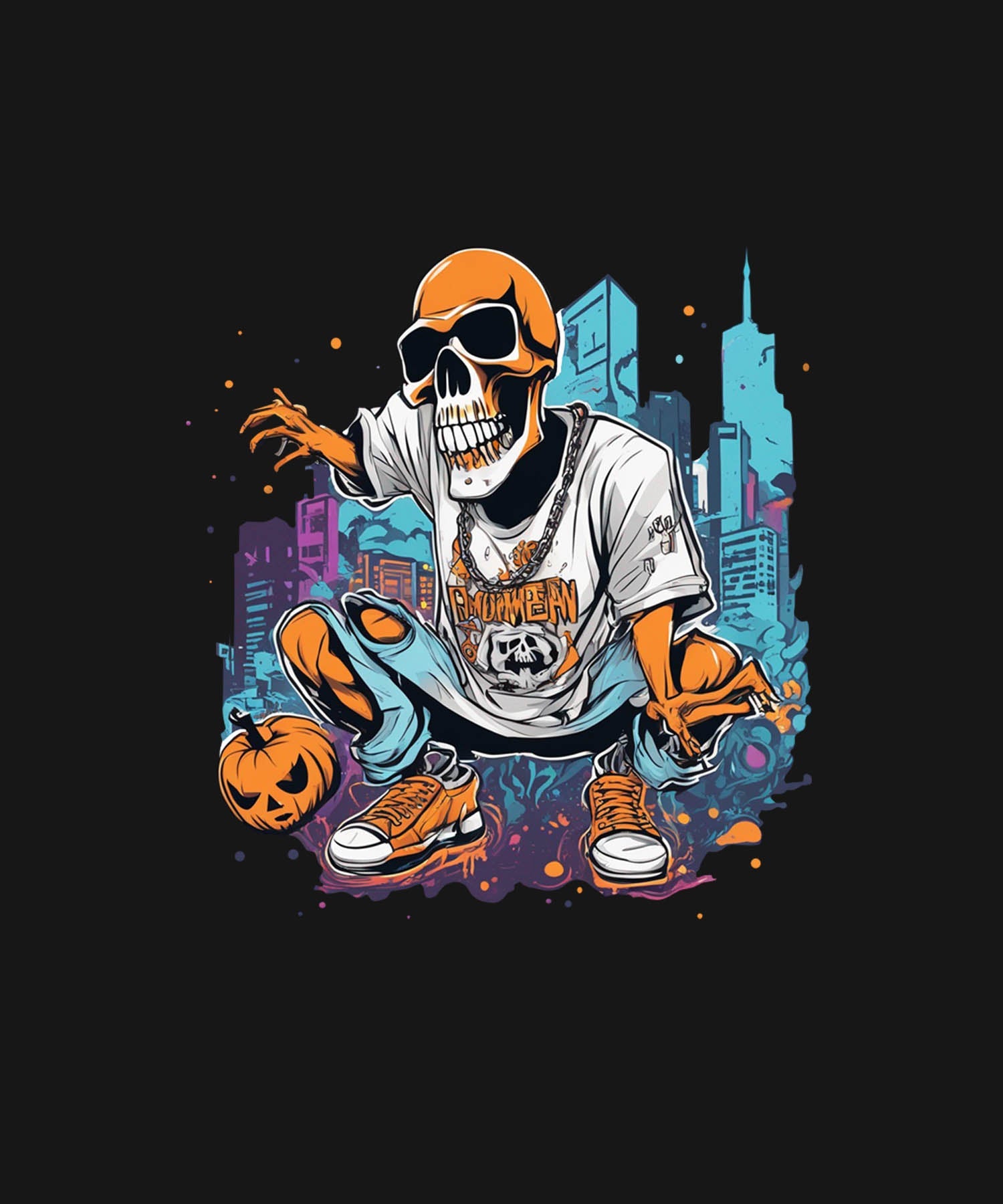 Black Half Sleeves Round Neck Urban Skeleton Printed Regular T-Shirt