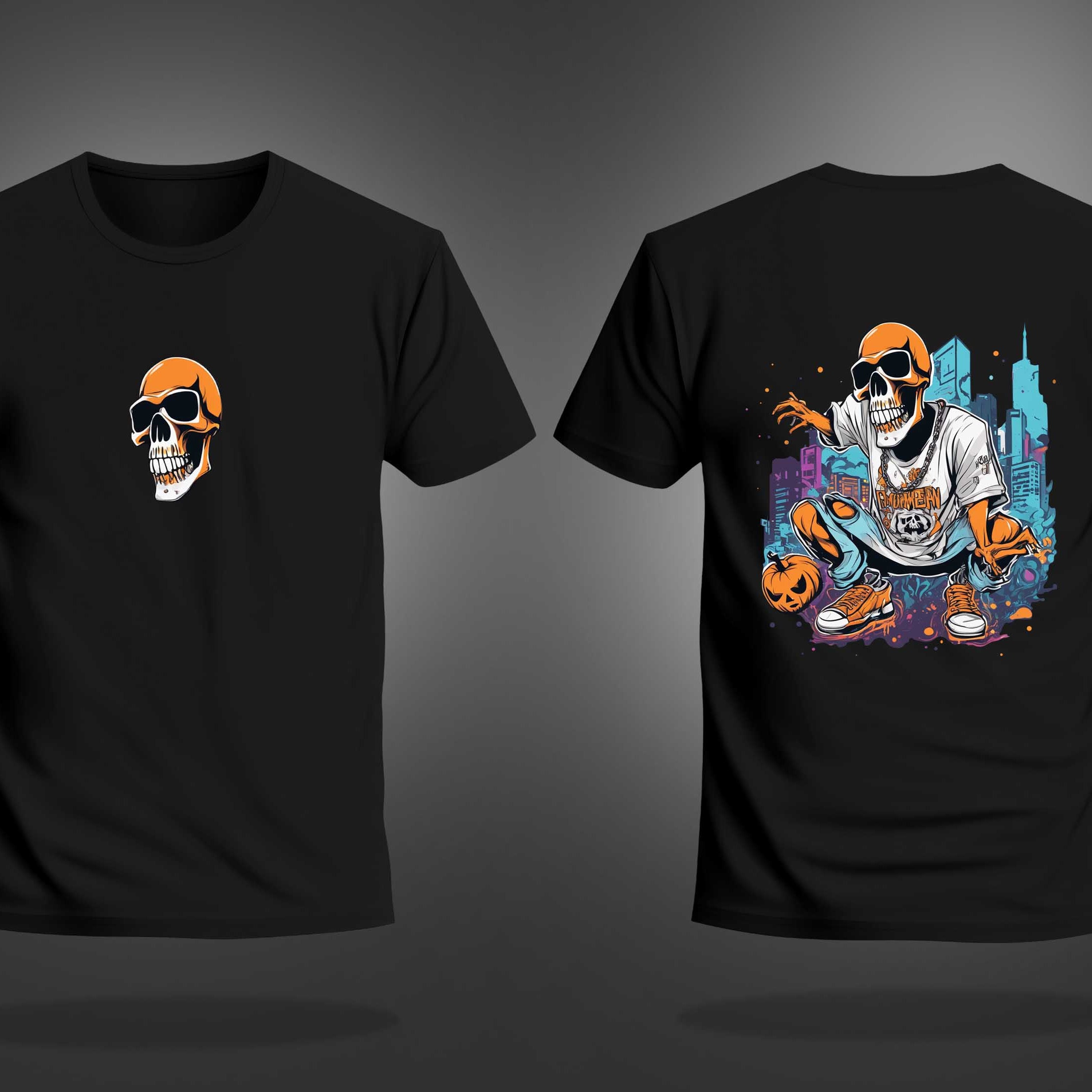 Black Half Sleeves Round Neck Urban Skeleton Printed Regular T-Shirt