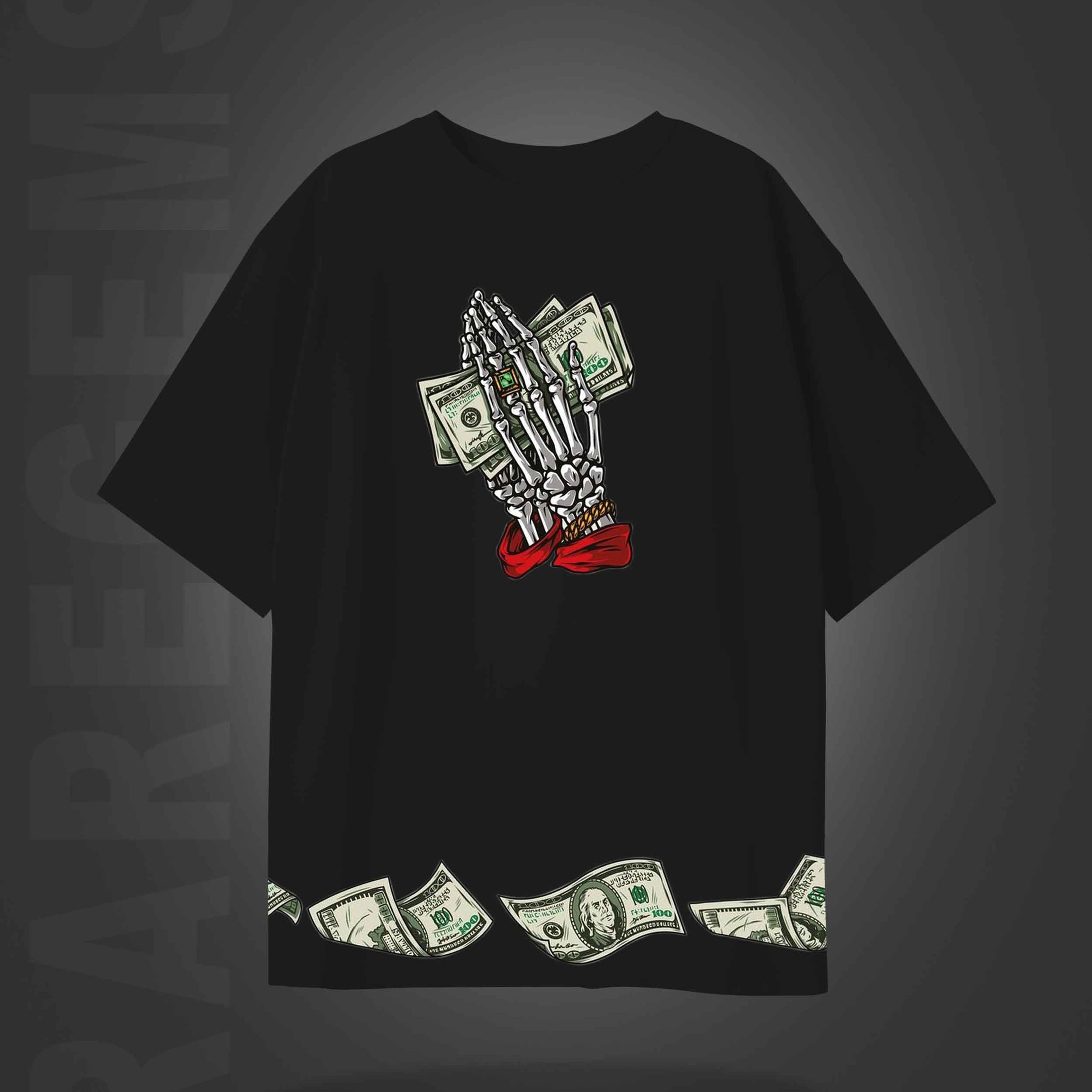 Black Half Sleeves Round Neck Dollars In Dead Hand Printed Oversized T-Shirt