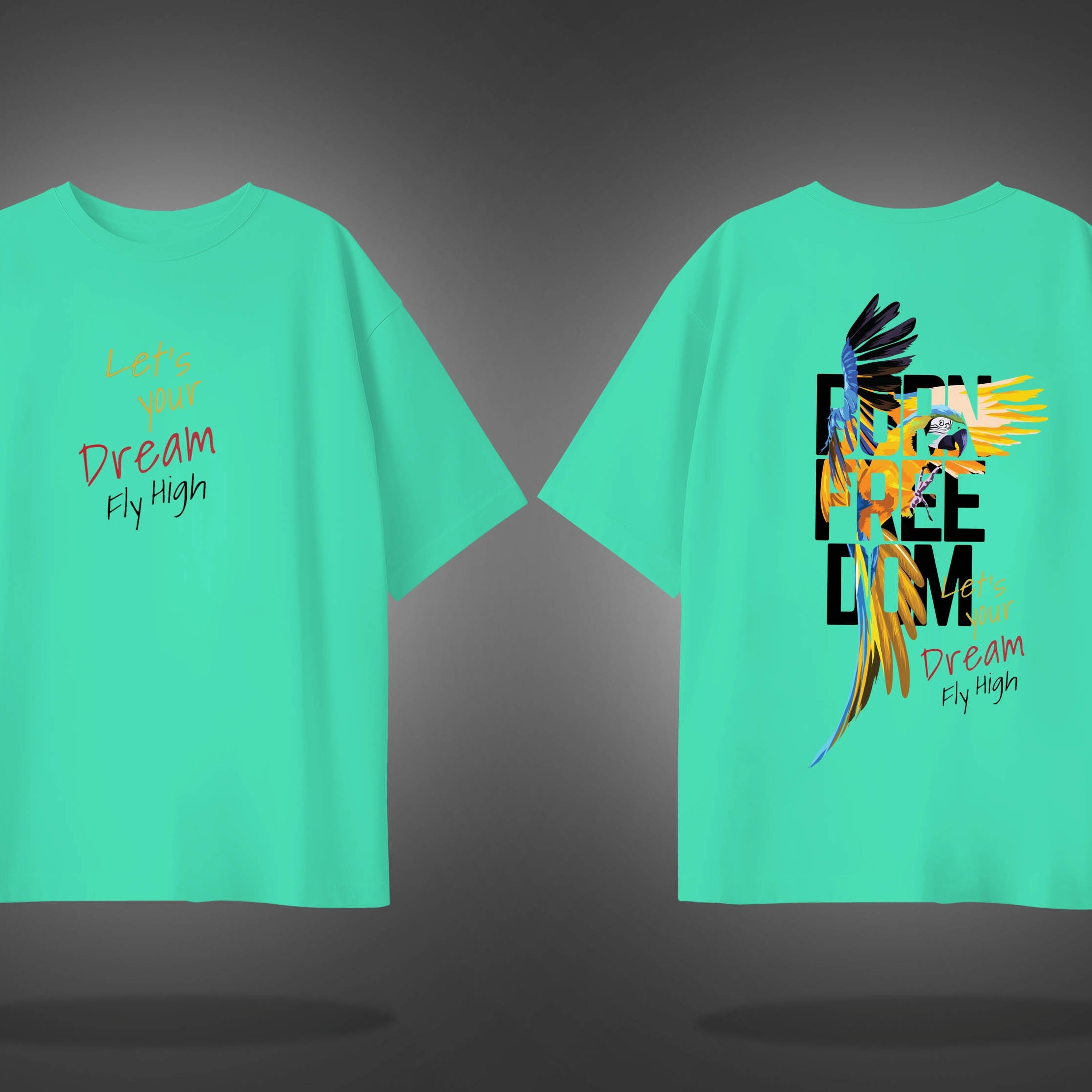 Mint Green Half Sleeve Freedom And Macaw Bird Printed Oversized T-Shirt