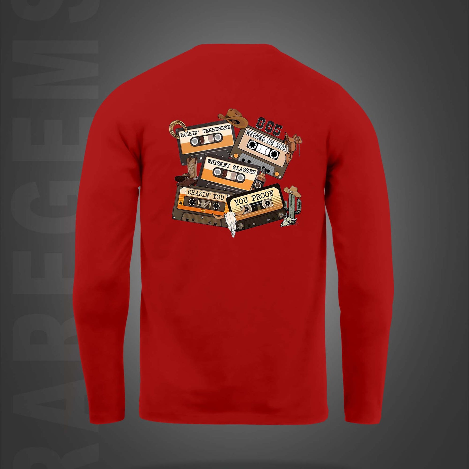 Red Round Neck Old Cassette Printed Full Sleeves T-Shirt