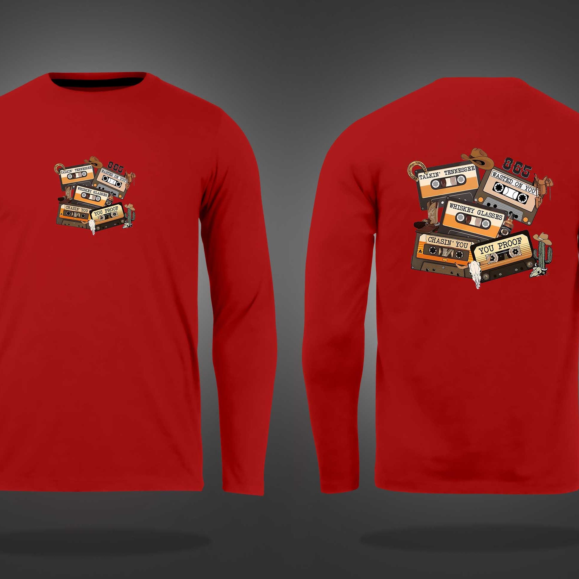 Red Round Neck Old Cassette Printed Full Sleeves T-Shirt