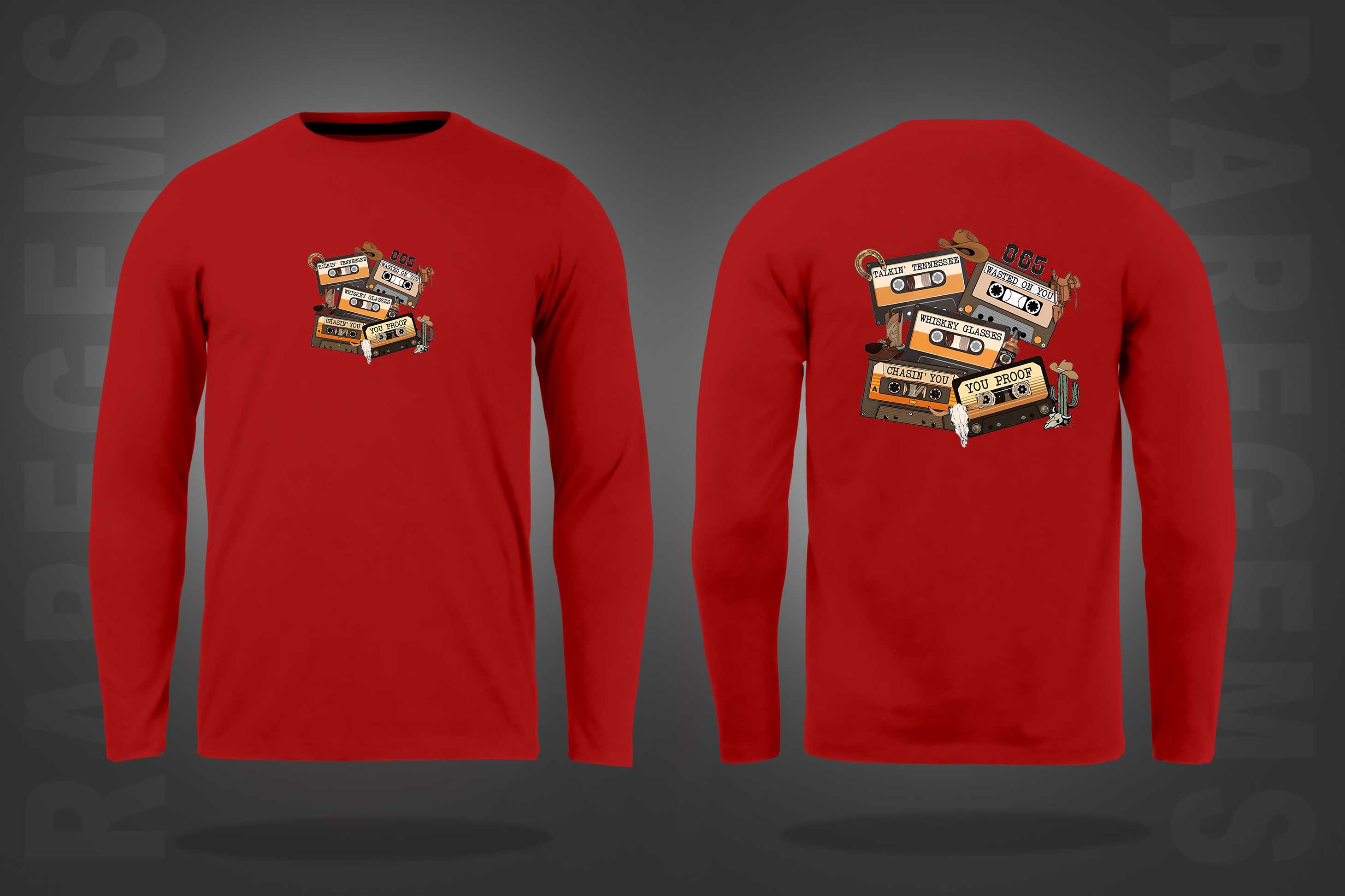 Red Round Neck Old Cassette Printed Full Sleeves T-Shirt