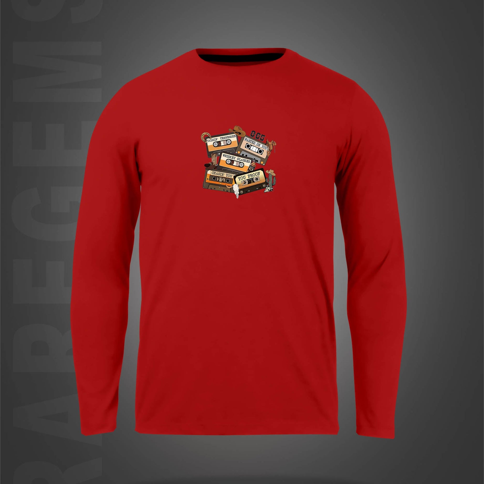 Red Round Neck Old Cassette Printed Full Sleeves T-Shirt