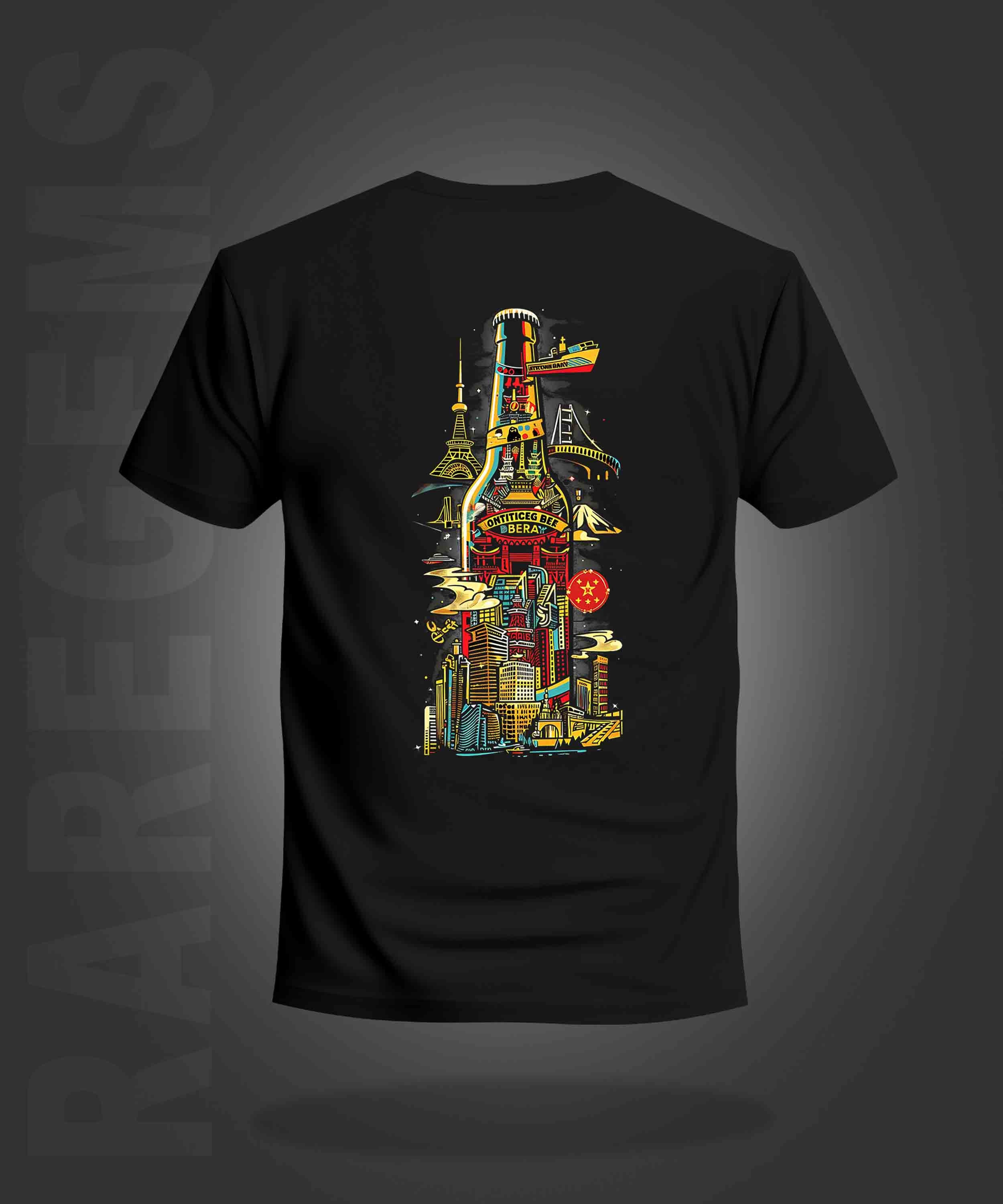 Black Half Sleeve Round Neck Buildings In Bottle Printed Regular T-Shirt