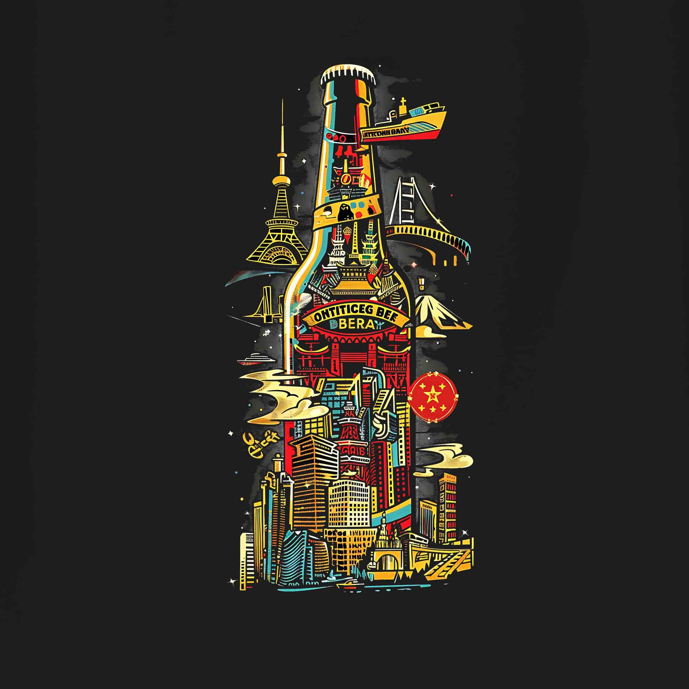 Black Half Sleeve Round Neck Buildings In Bottle Printed Regular T-Shirt