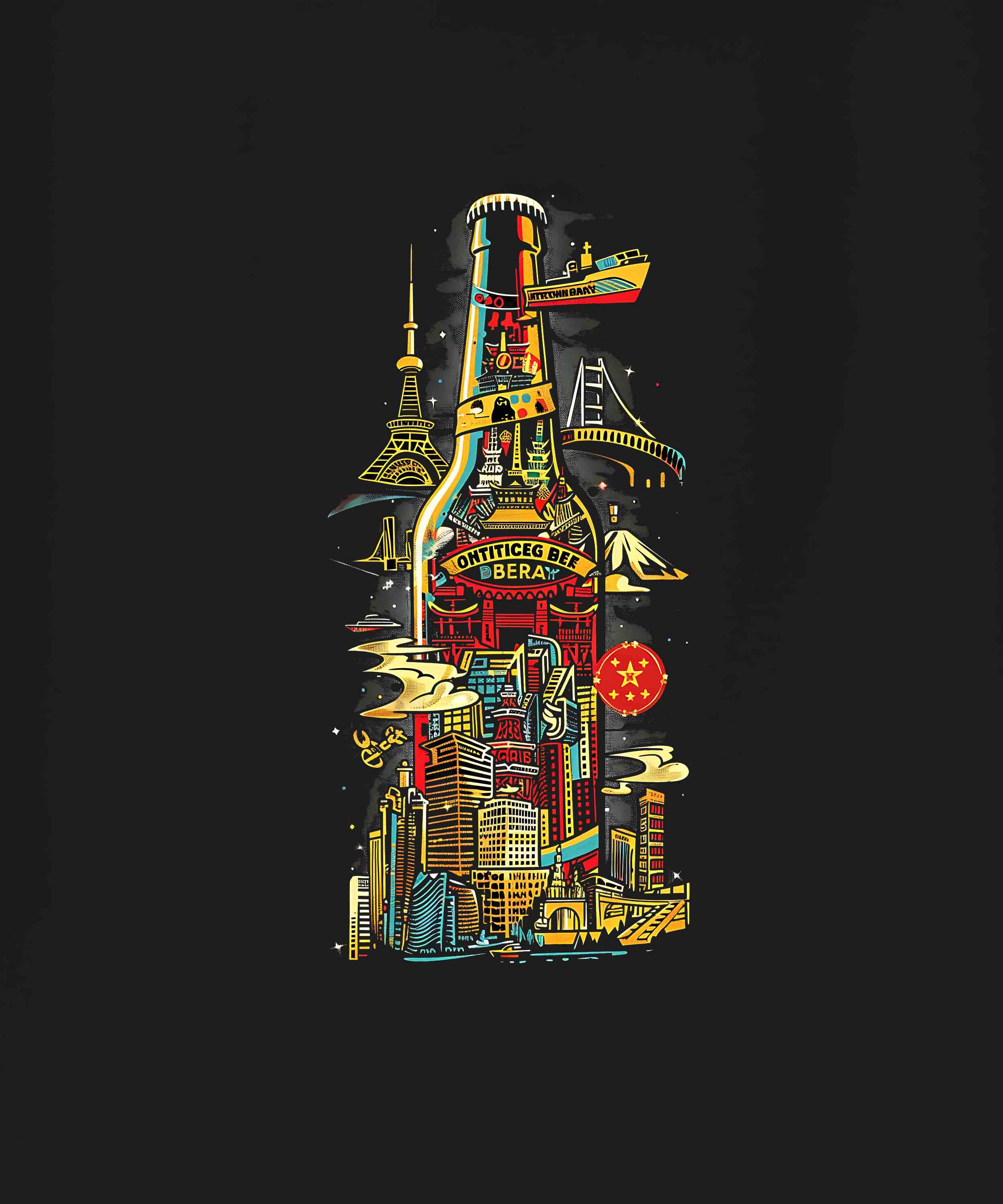 Black Half Sleeve Round Neck Buildings In Bottle Printed Regular T-Shirt